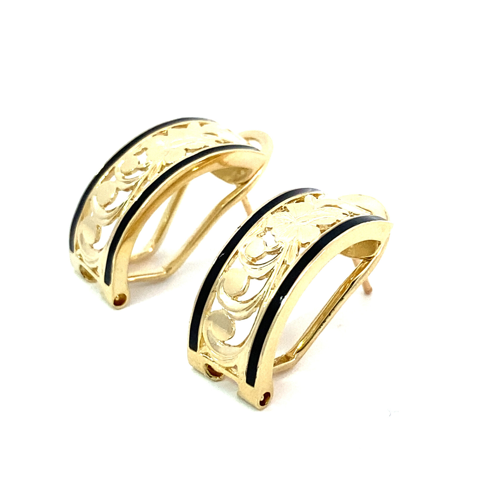 14K Yellow Gold 8mm Hibiscus with enamel borders on Omega backs