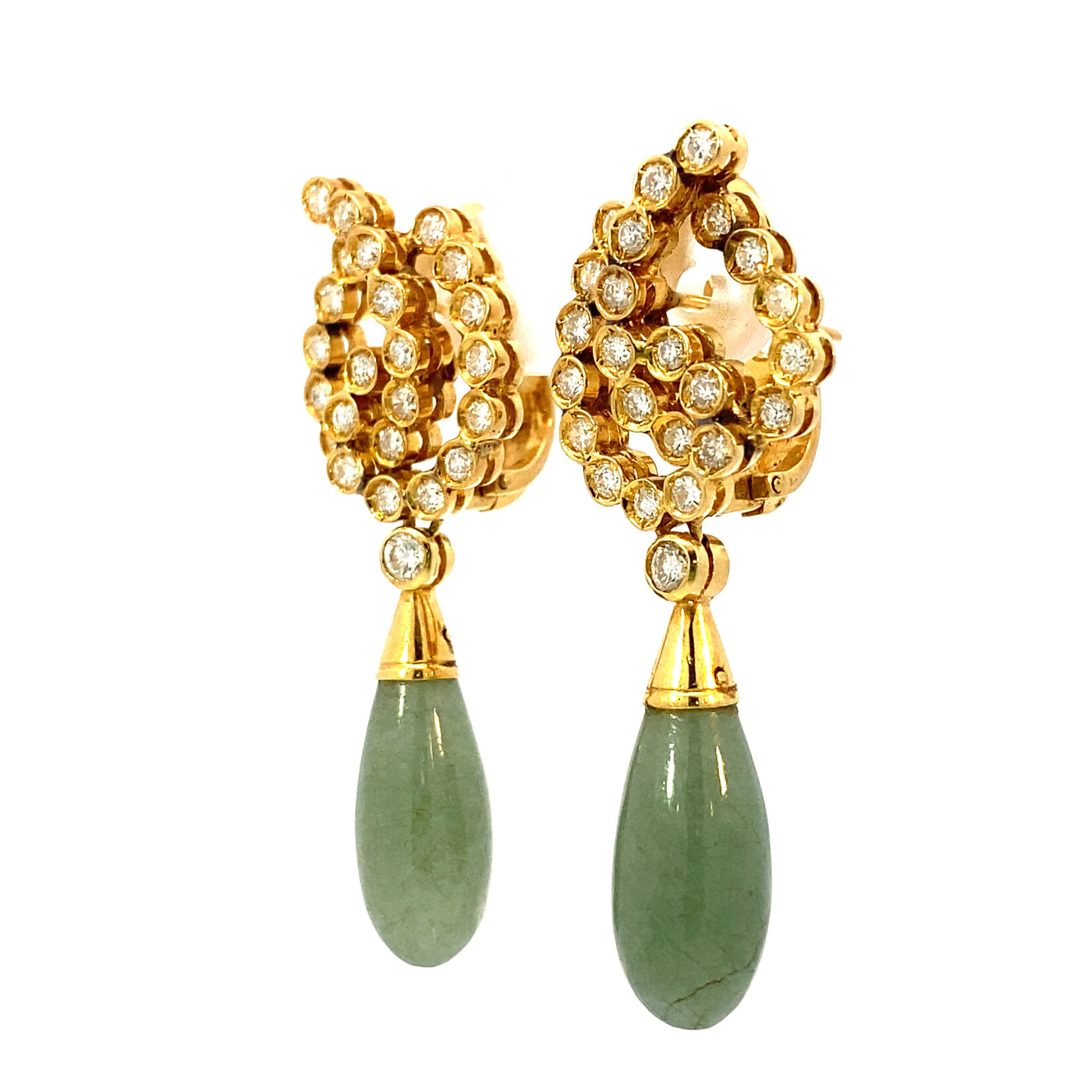 18K Yellow Gold Diamond & Jade earrings on Omega Backs D+/-1.40cttw