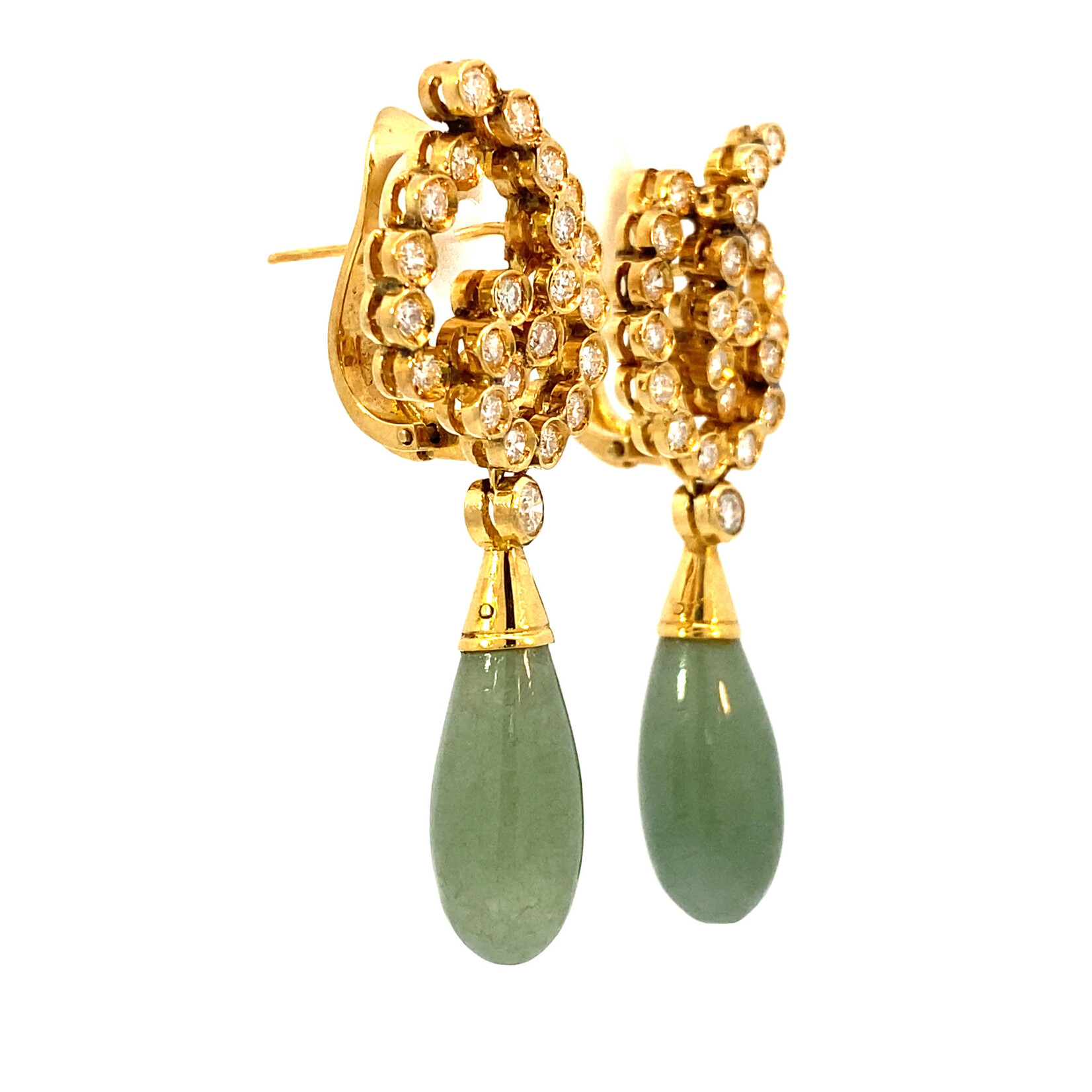 18K Yellow Gold Diamond & Jade earrings on Omega Backs D+/-1.40cttw