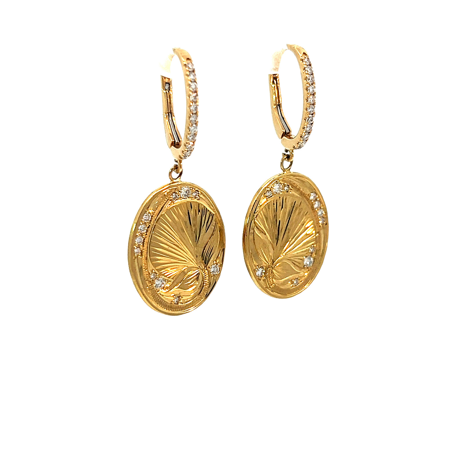 18K Yellow Gold Oval Lehua Blossom Dangle Earrings with Pavé Diamonds