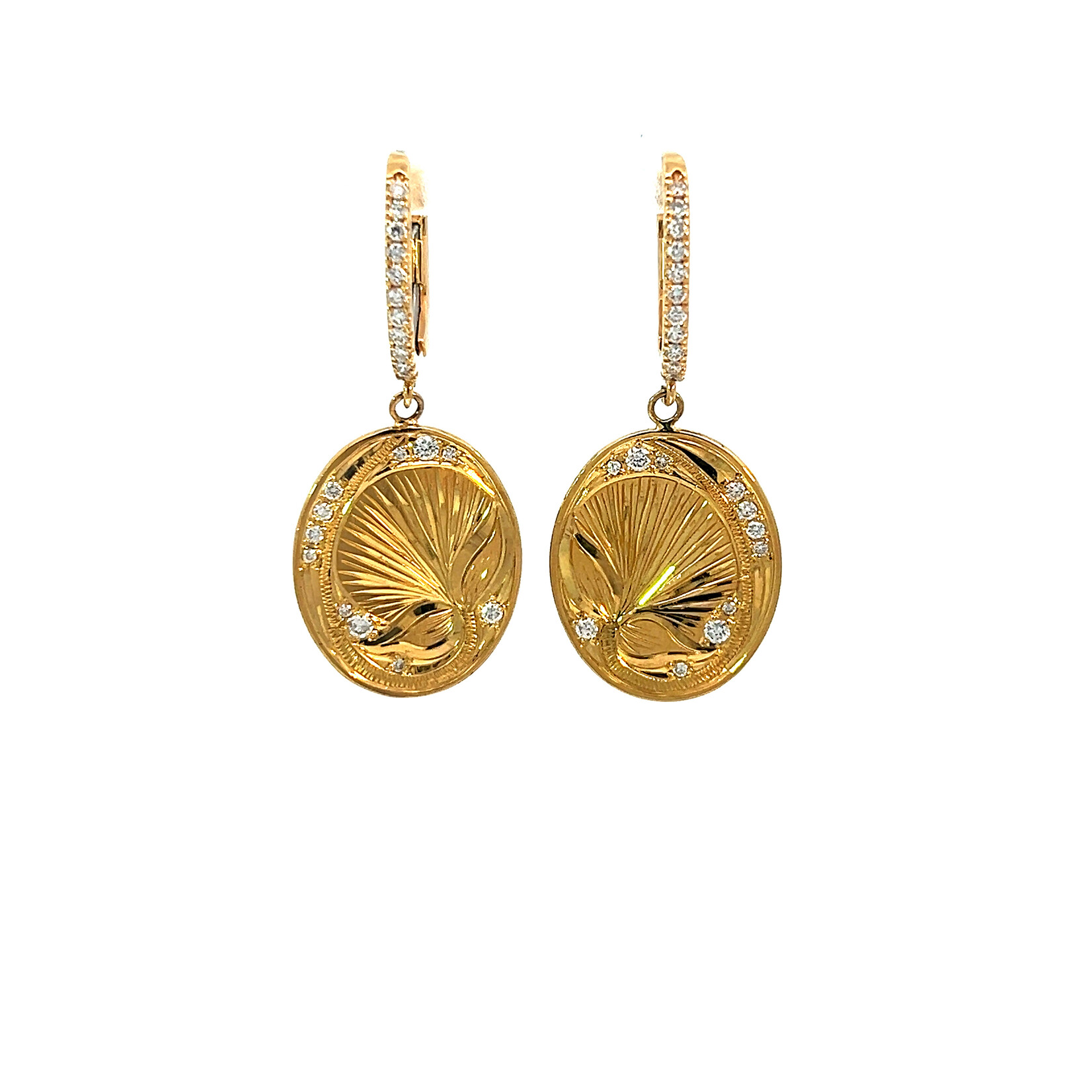 18K Yellow Gold Oval Lehua Blossom Dangle Earrings with Pavé Diamonds