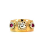 14K Yellow Gold Diamond and red stone ring D+/-.45ct size 12.5