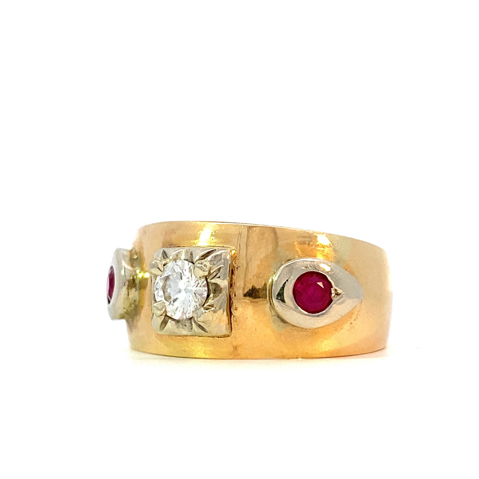 14K Yellow Gold Diamond and red stone ring D+/-.45ct size 12.5