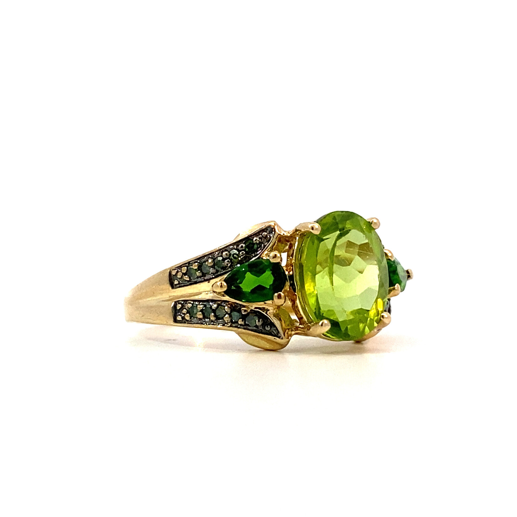 10K Yellow Gold Peridot, Chrome Diopside ring size 7.75