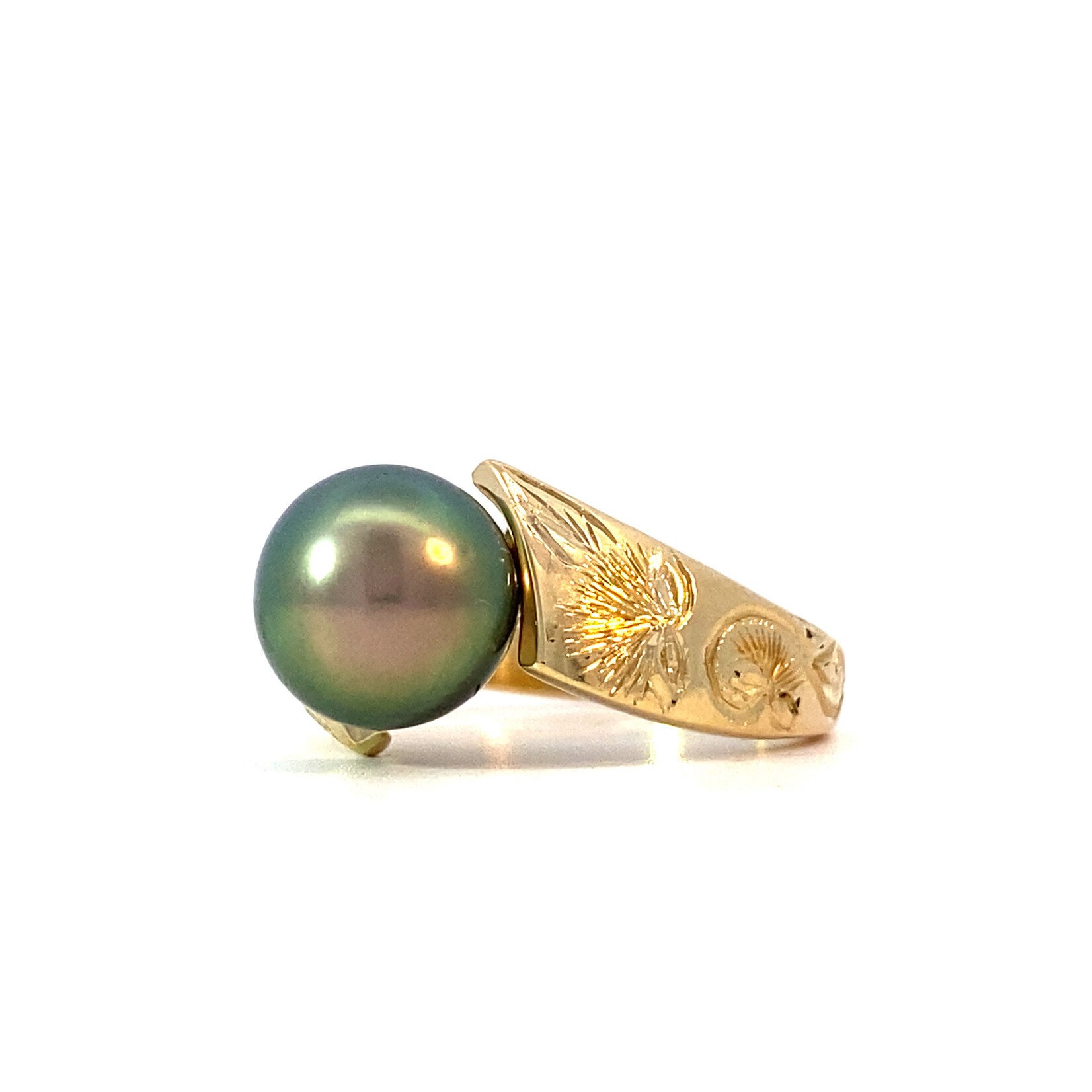 18K Yellow Gold Lehua Blossom 9mm Tahitian Pearl Ring