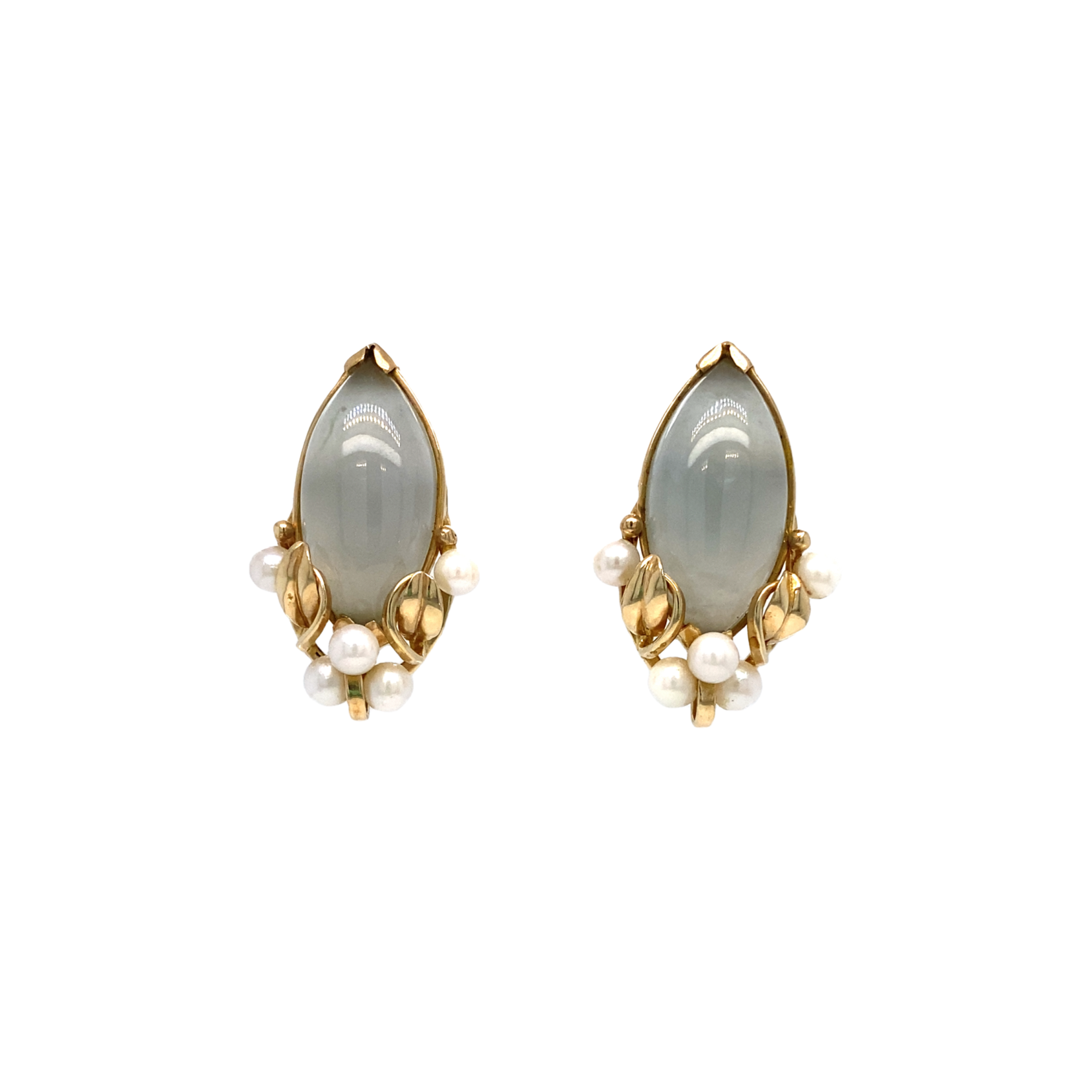 14K Yellow Gold jade & pearl Mings earrings with screwbacks
