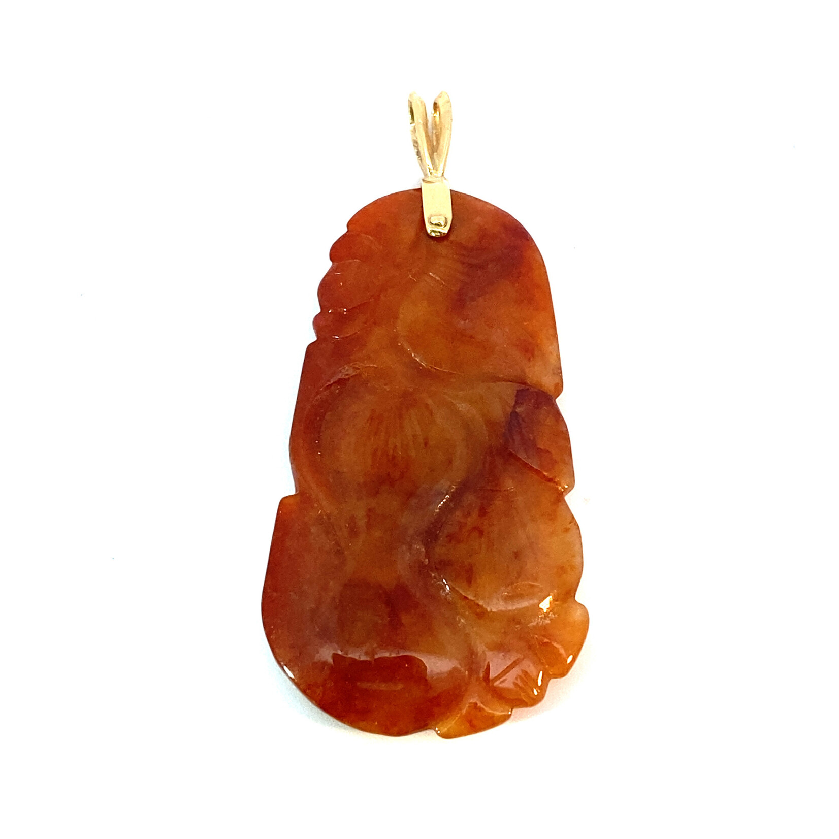14K Yellow Gold Red Jade carved pendant  2"long