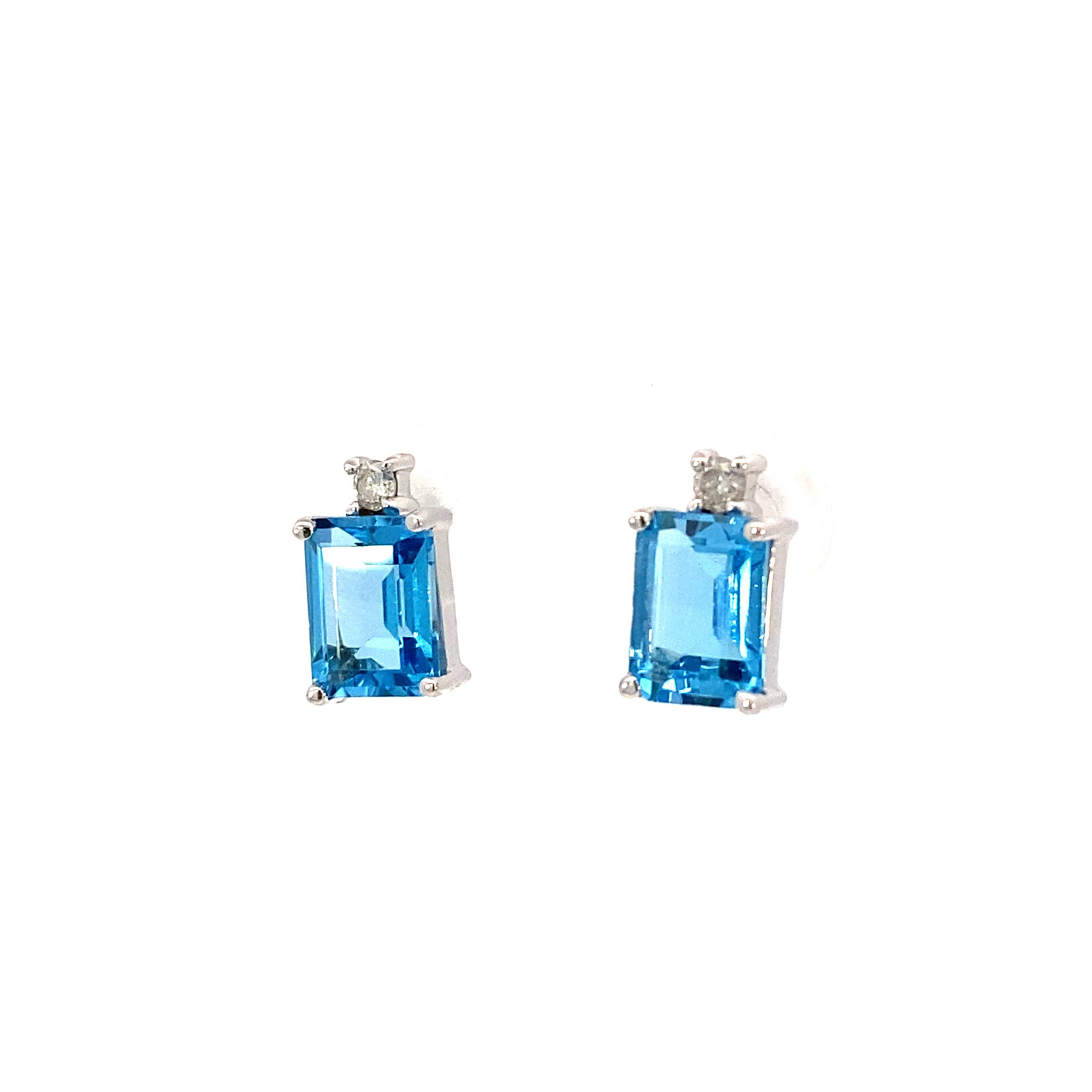 14K White Gold Emerald cut Blue Topaz & Diamond Stud Earrings