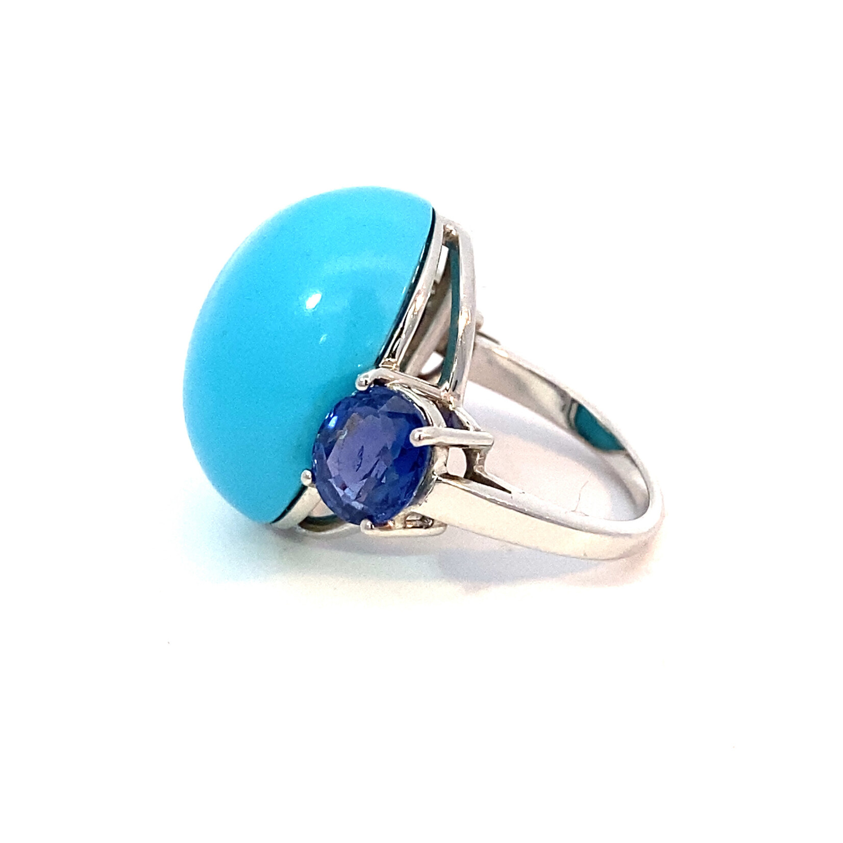 18K White Gold Oval Turquoise & Sapphire Ring size 5.5 "Sabbadini"