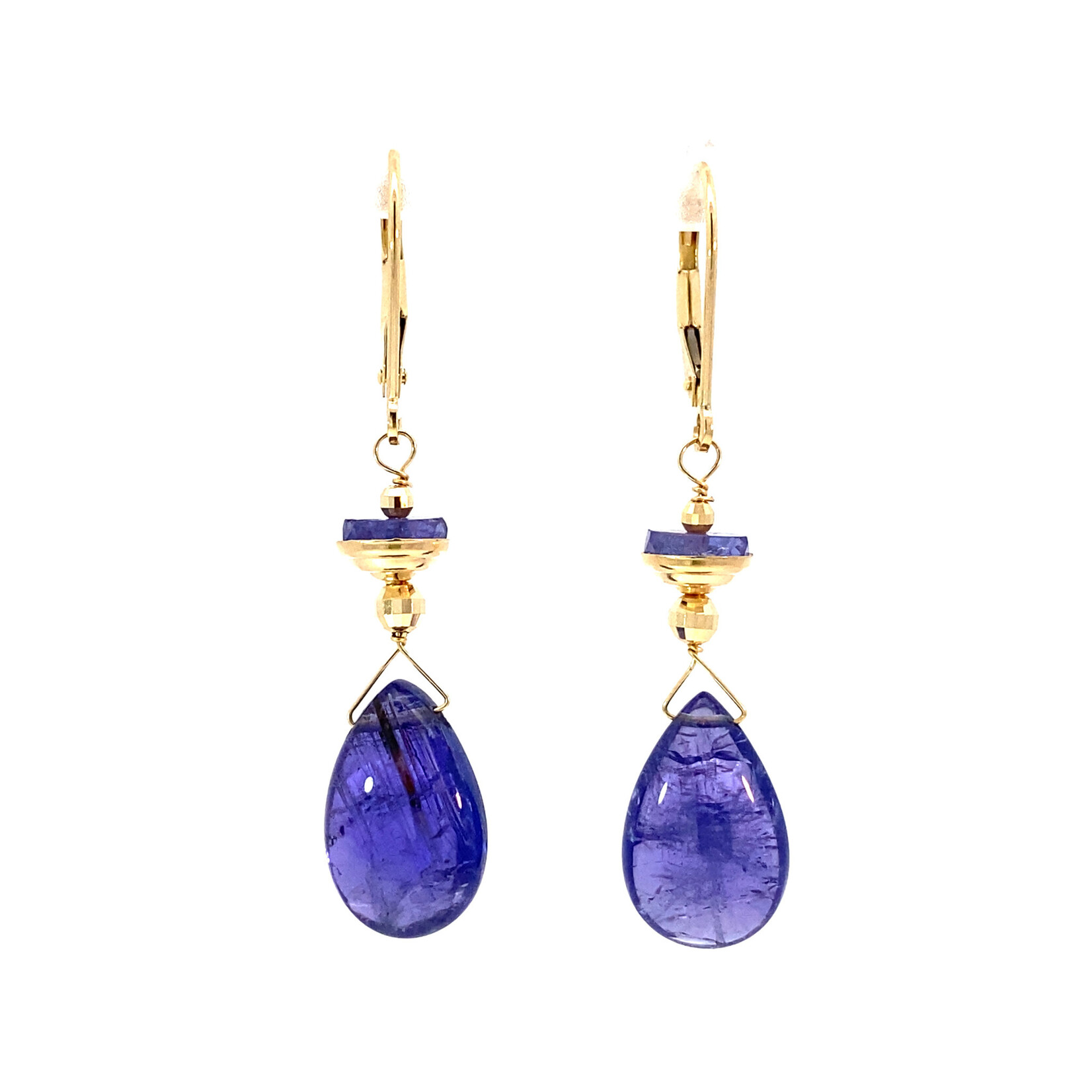 14K Yellow Gold Tanzanite dangles on lever backs 14.66cts