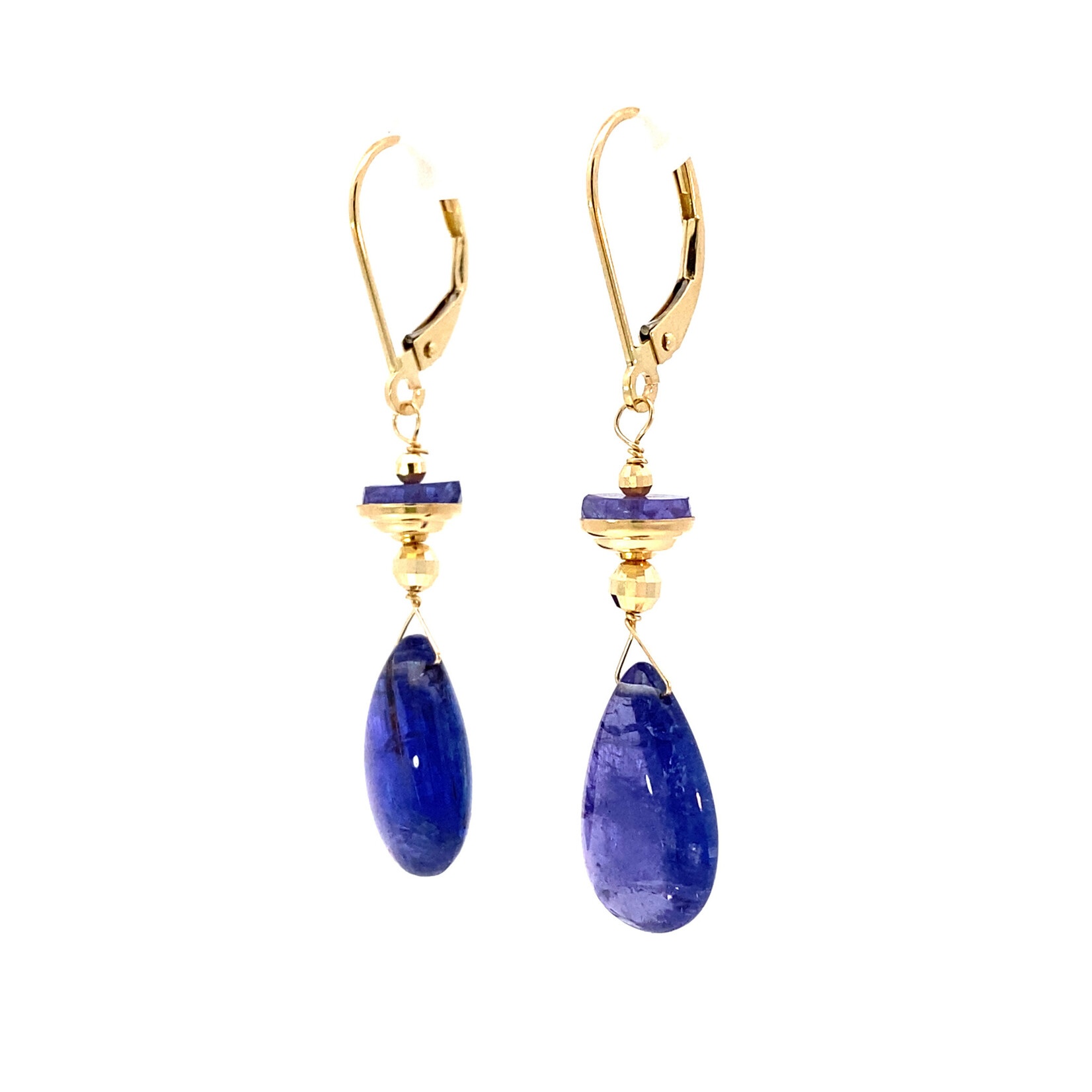 14K Yellow Gold Tanzanite dangles on lever backs 14.66cts