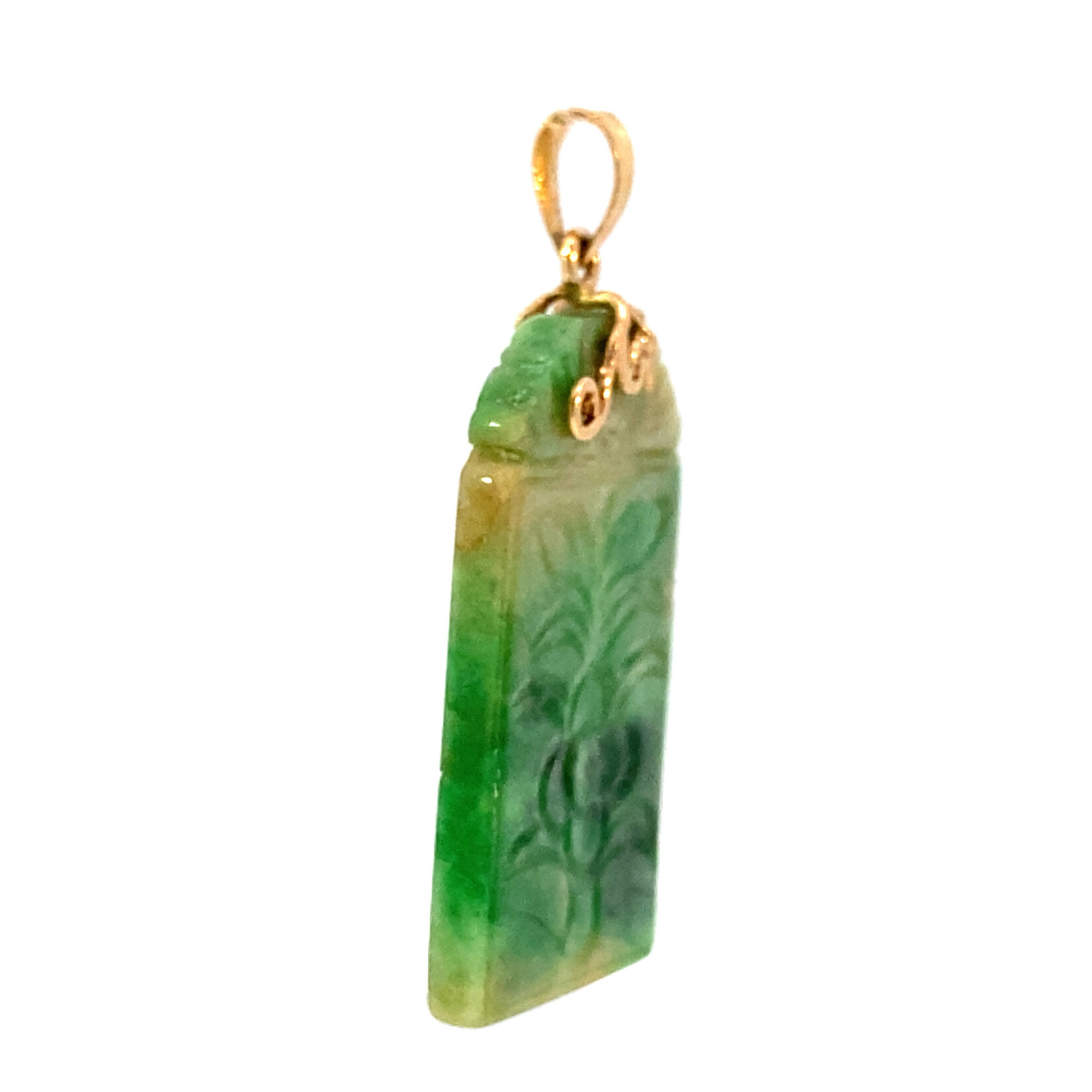 14K Yellow Gold Carved Flower Jade pendant