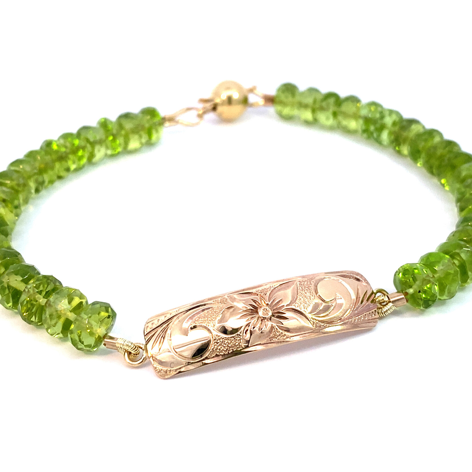 14K Yellow Gold 7" 8mm Barrel Light Plumeria with Peridot ID Bracelet