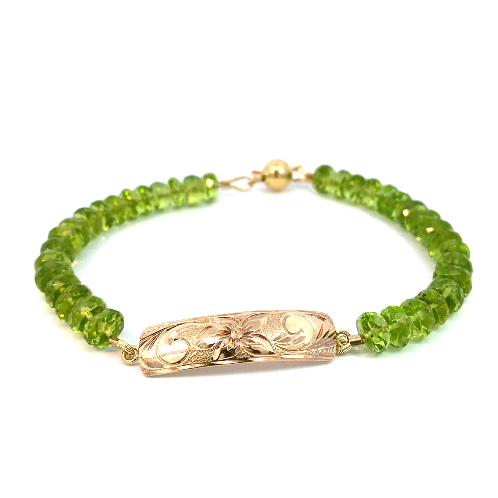 14K Yellow Gold 7" 8mm Barrel Light Plumeria with Peridot ID Bracelet