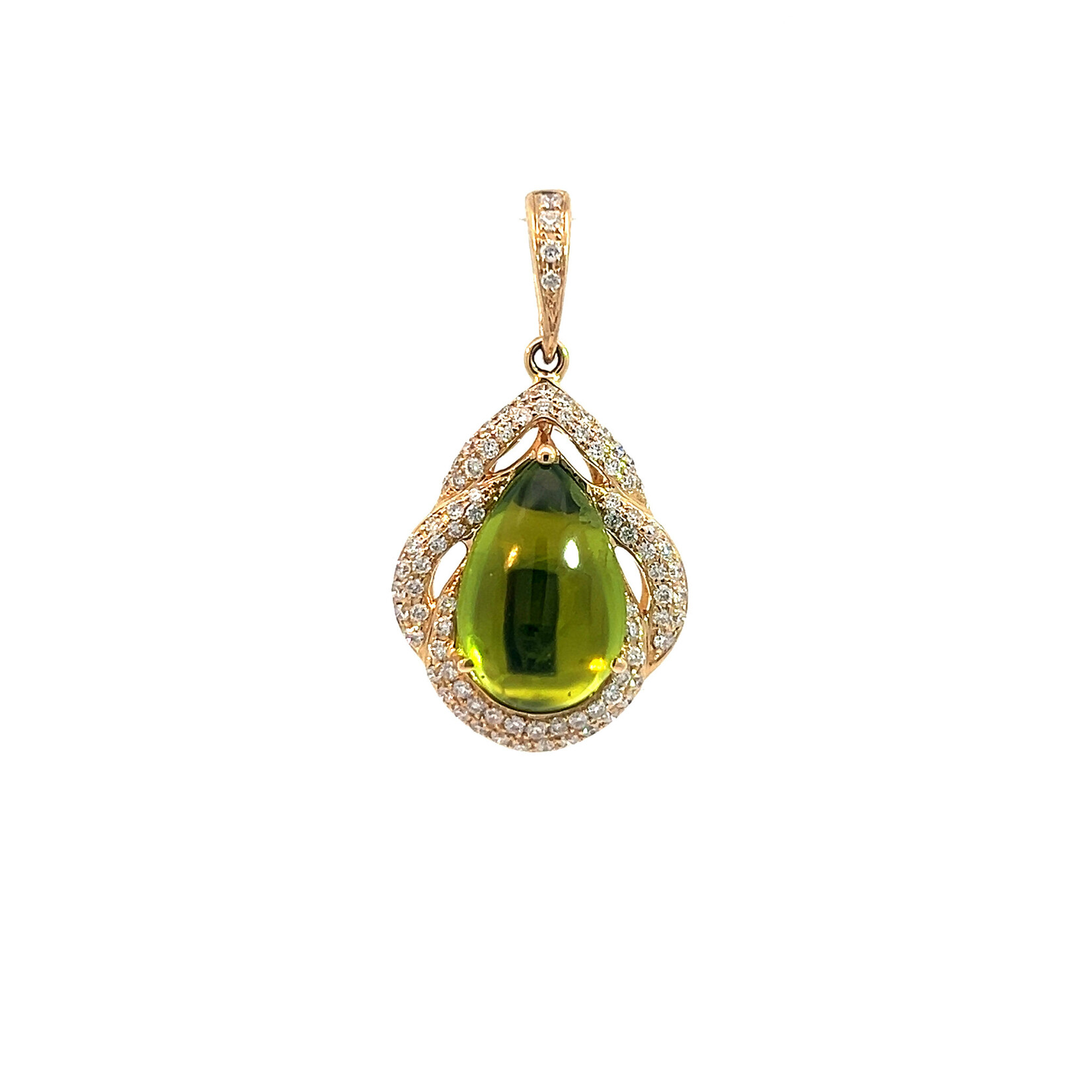 14K Yellow Gold Peridot Cabochon Diamond pendant D.40cttw VS P3.87cts