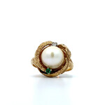 14K Yellow Gold Pearl with White & Green Stones Ring size 5.75