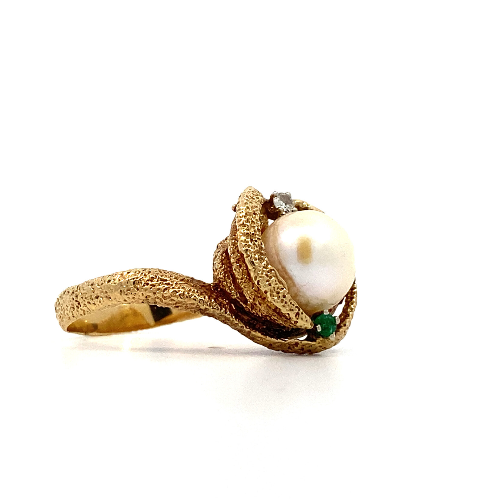 14K Yellow Gold Pearl with White & Green Stones Ring size 5.75