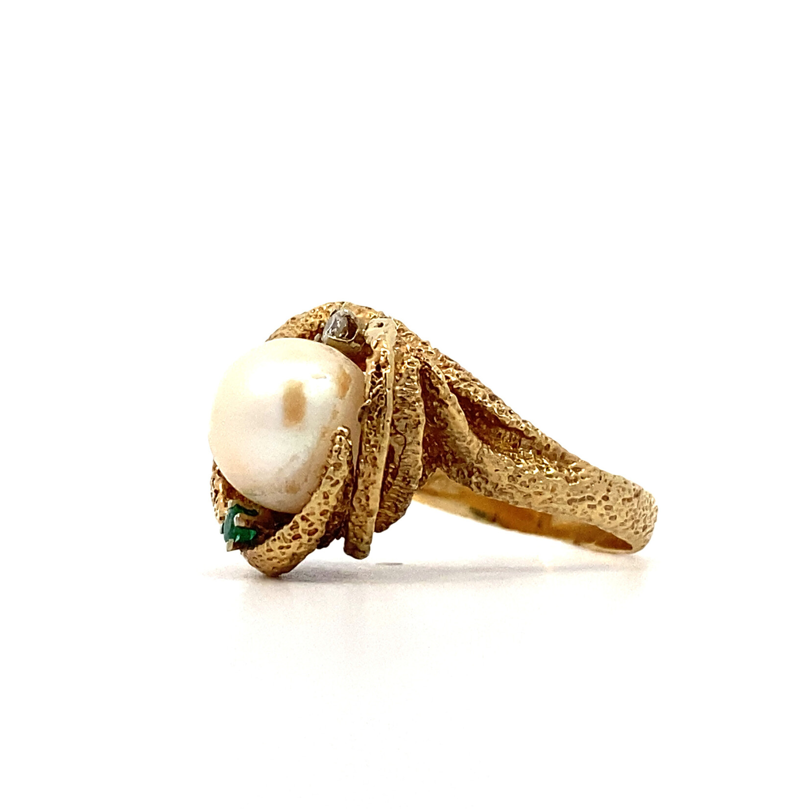 14K Yellow Gold Pearl with White & Green Stones Ring size 5.75