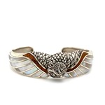 Sterling Silver Aumakua Owl Mother of Pearl & Koa Cuff Small