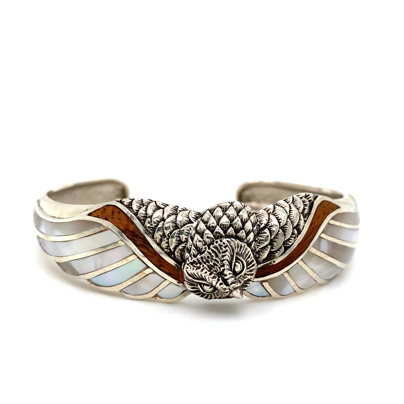 Sterling Silver Aumakua Owl Mother of Pearl & Koa Cuff Small
