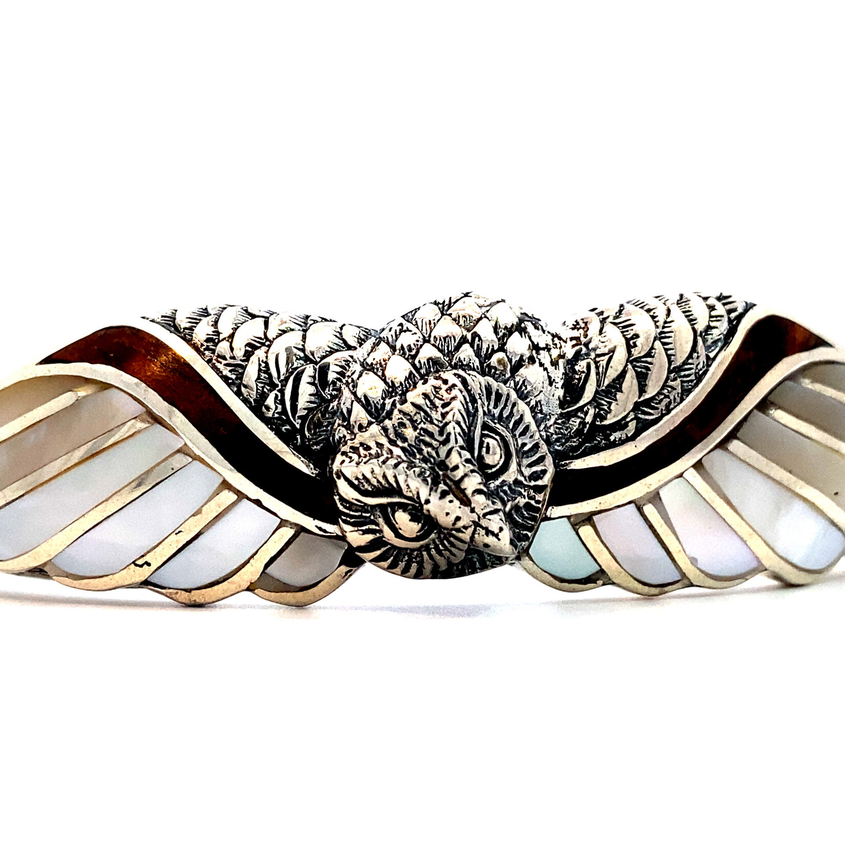Sterling Silver Aumakua Owl Mother of Pearl & Koa Cuff Small