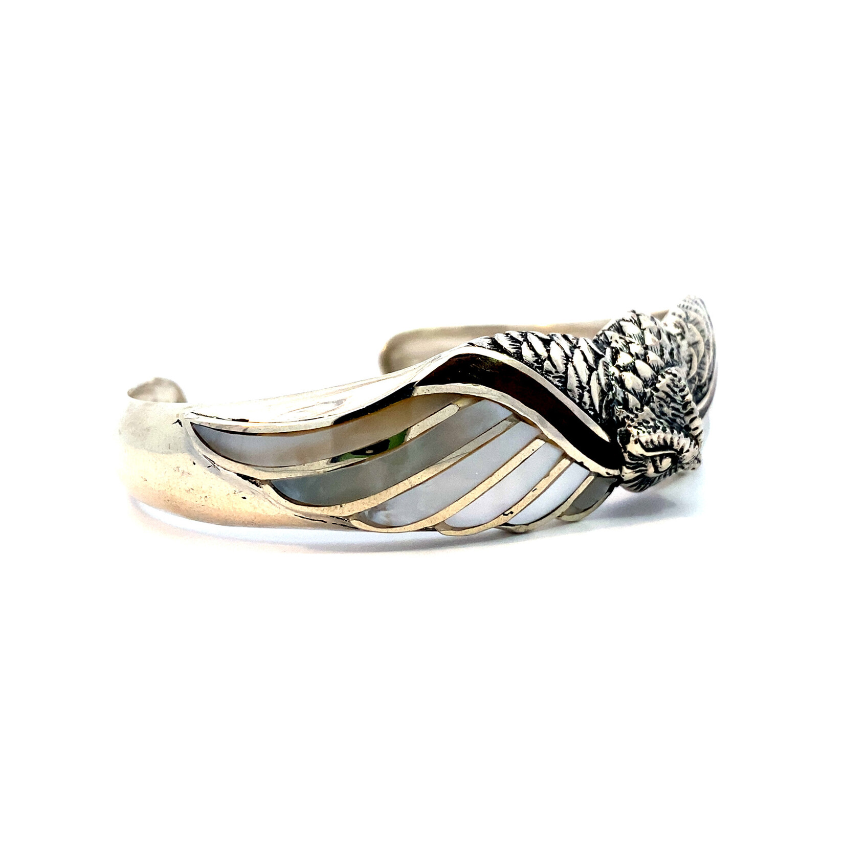 Sterling Silver Aumakua Owl Mother of Pearl & Koa Cuff Small