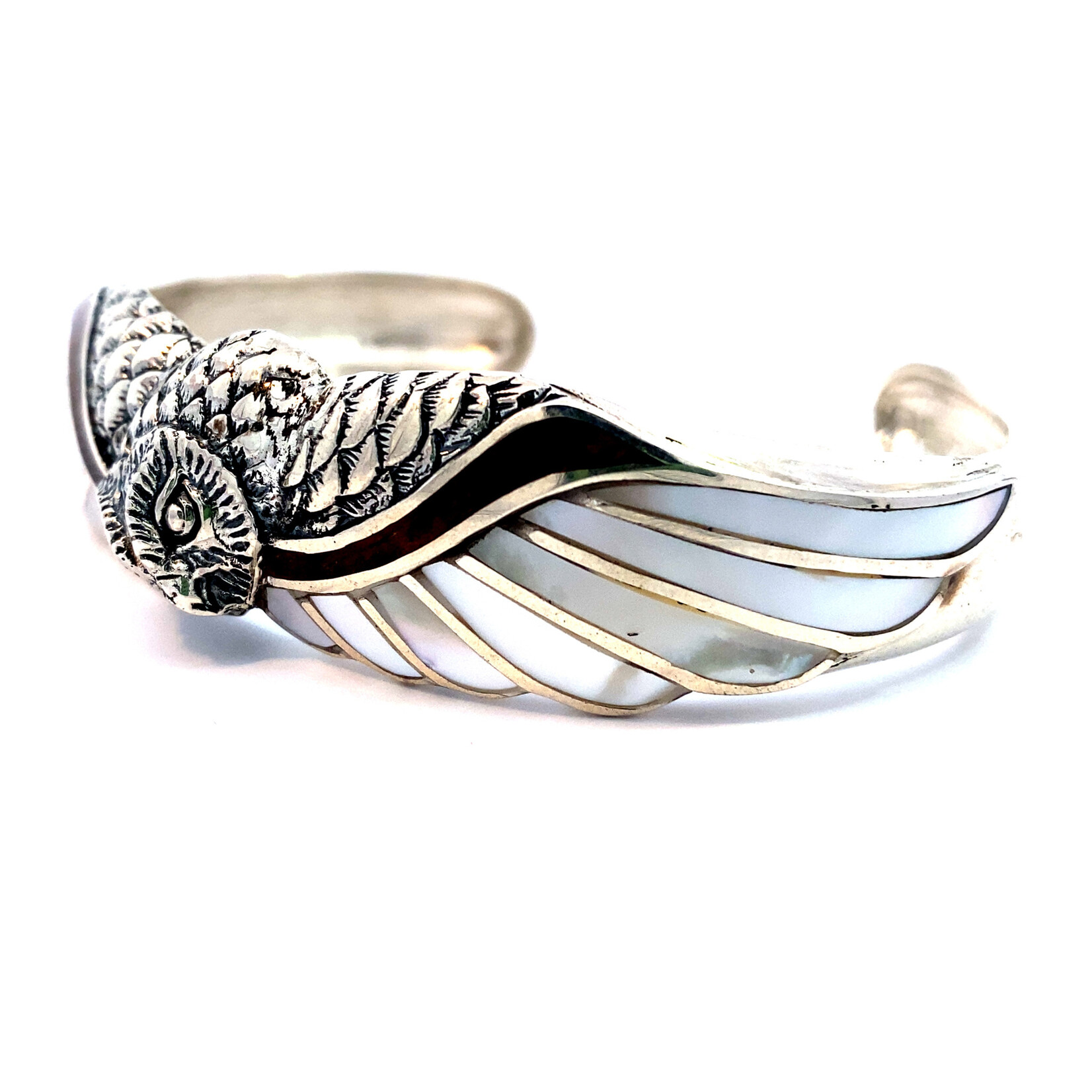 Sterling Silver Aumakua Owl Mother of Pearl & Koa Cuff Small