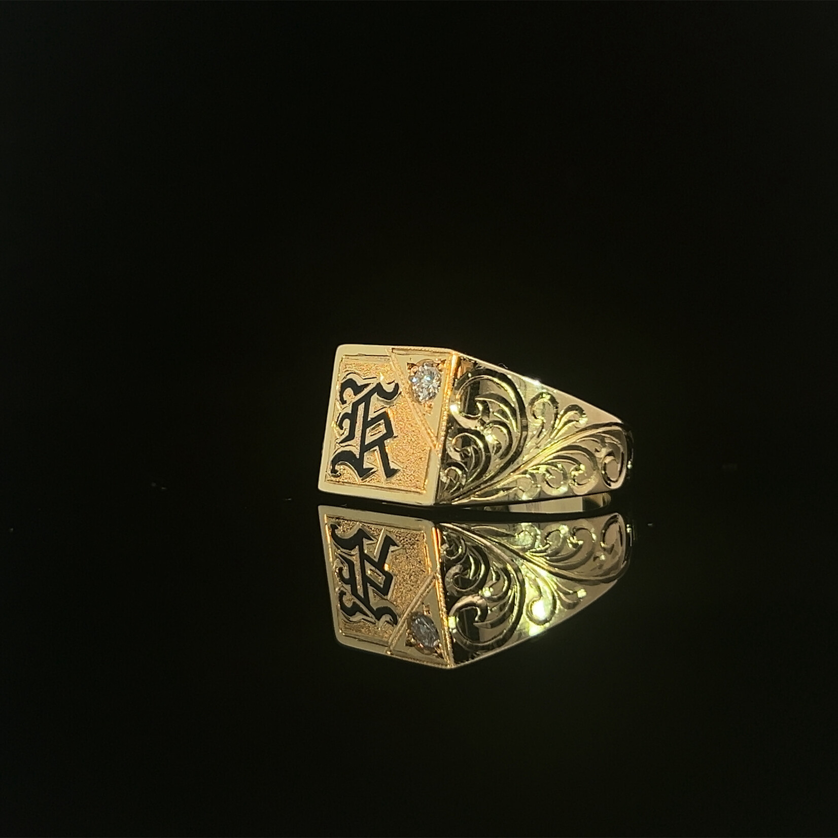 Waves 14K Yellow Gold 12mm Wave Signet "K" Initial Ring with Diamond