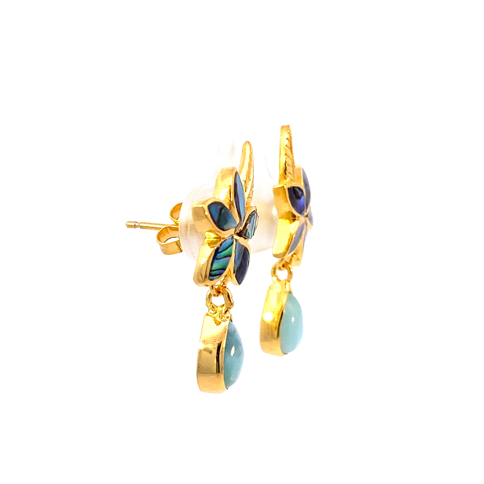 18K Gold Vermeil Paua Plumeria with Larimar Drops studs