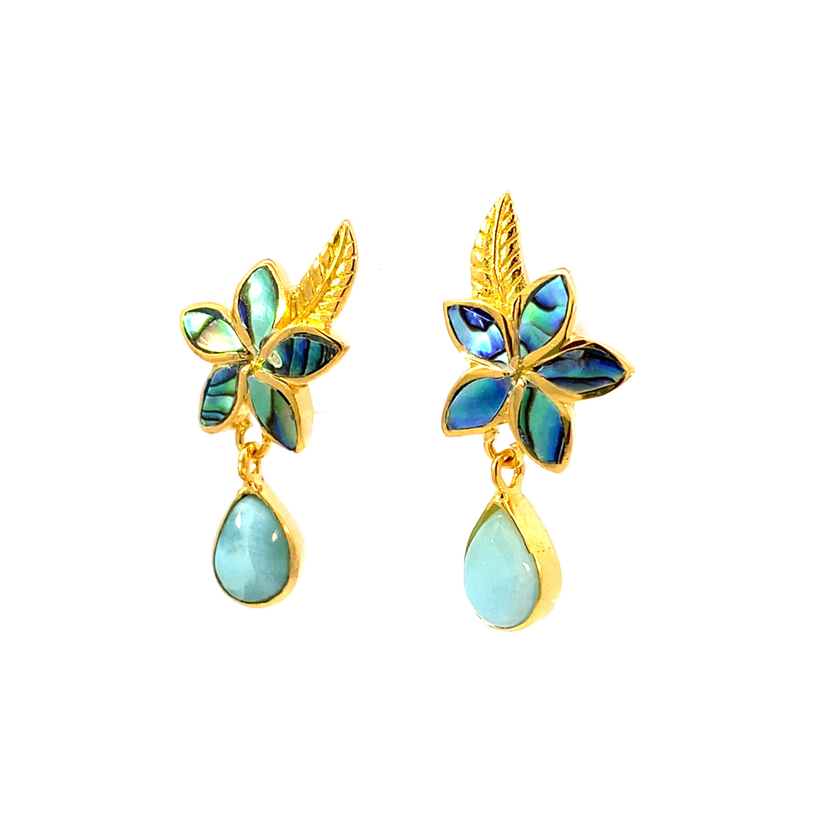 18K Gold Vermeil Paua Plumeria with Larimar Drops studs