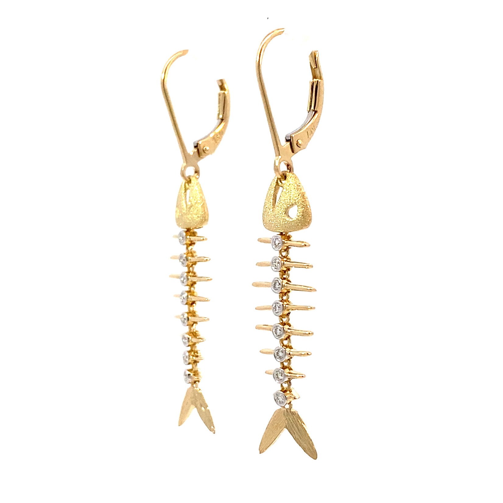 14K TwoTone Fish Bone Dangles with diamonds .08cttw