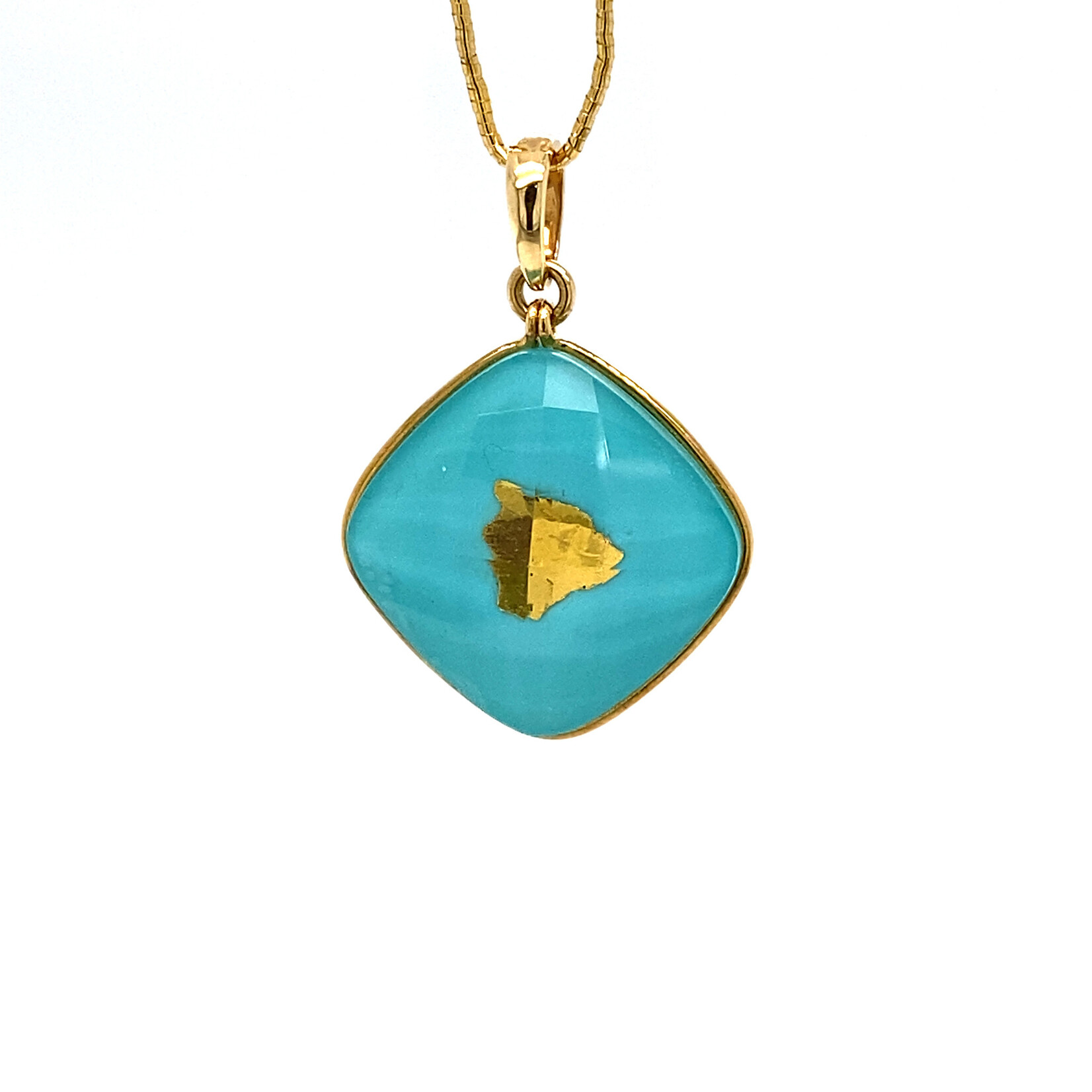 18K Yellow Gold 16mm Turquoise Inlay with 24K Big Island leaf pendant