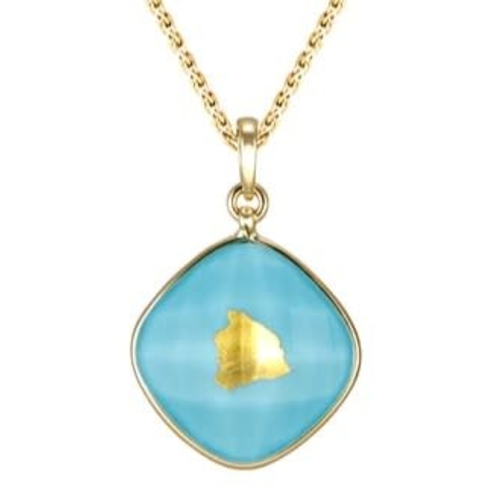 18K Yellow Gold 16mm Turquoise Inlay with 24K Big Island leaf pendant