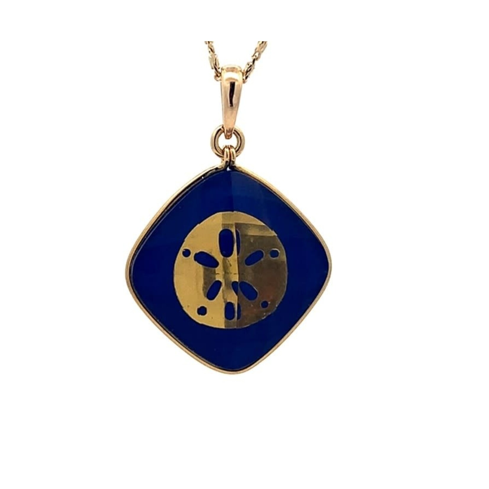 18K Yellow Gold 14mm Atlantic Blue Lapis w/ 25KY Gold Leaf Sand Dollar w/ Clear Qtz +/-.14ctw