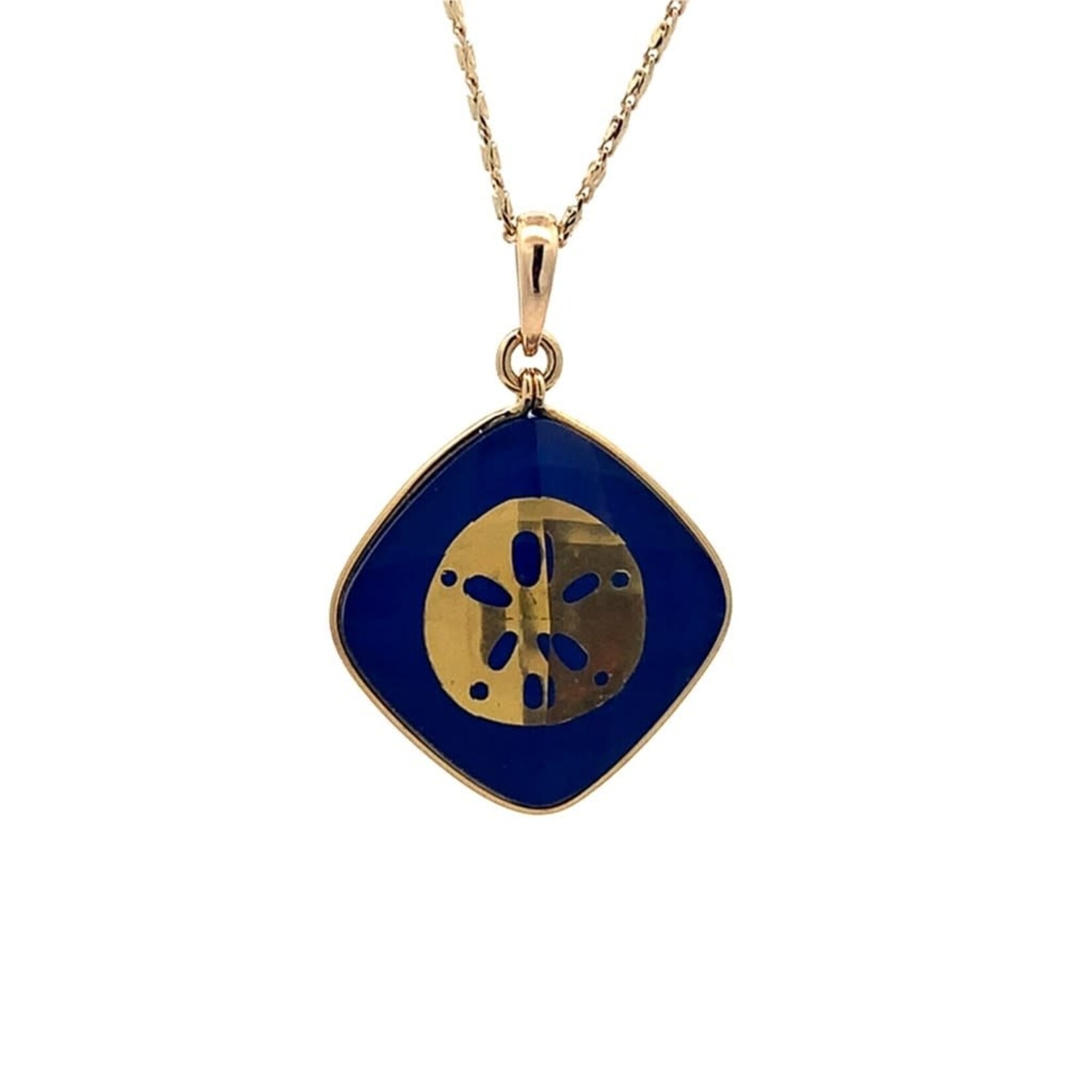 18K Yellow Gold 14mm Atlantic Blue Lapis w/ 25KY Gold Leaf Sand Dollar w/ Clear Qtz +/-.14ctw