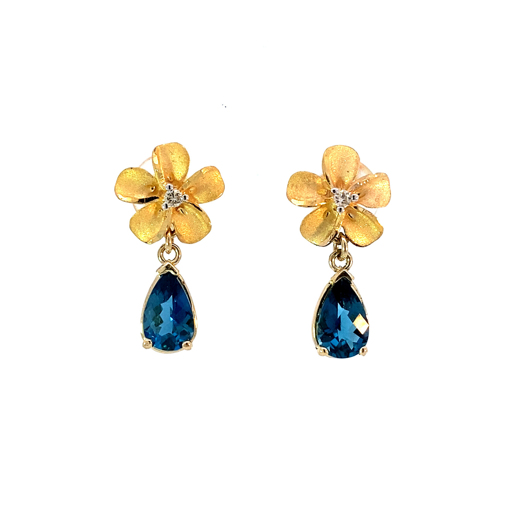 14K Yellow Gold 10mm Plumeria with  Diamond & London Blue Topaz studs D.04tw LBT 1.84ct
