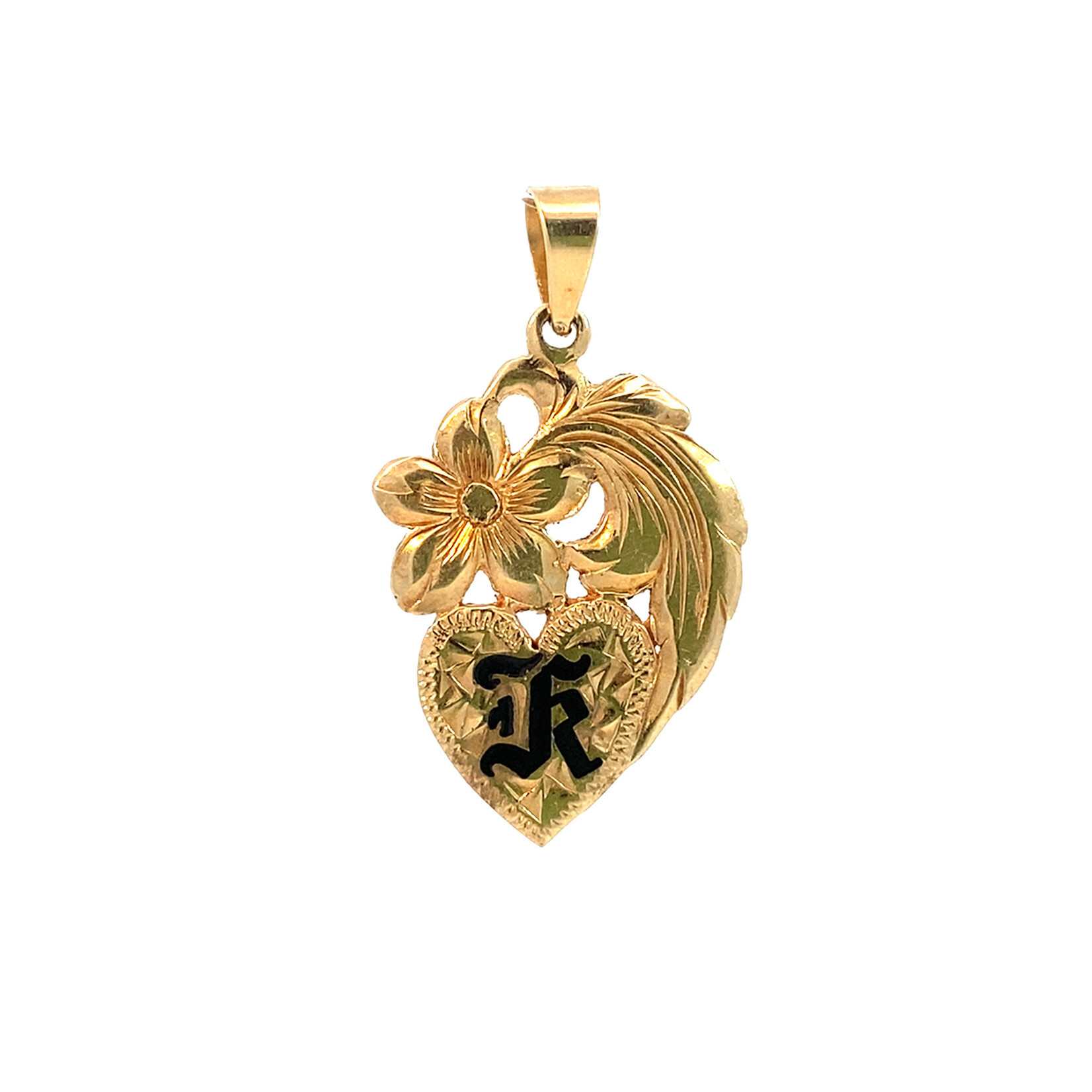14K Yellow Gold Plumeria Heart Initial "K" 3.83g