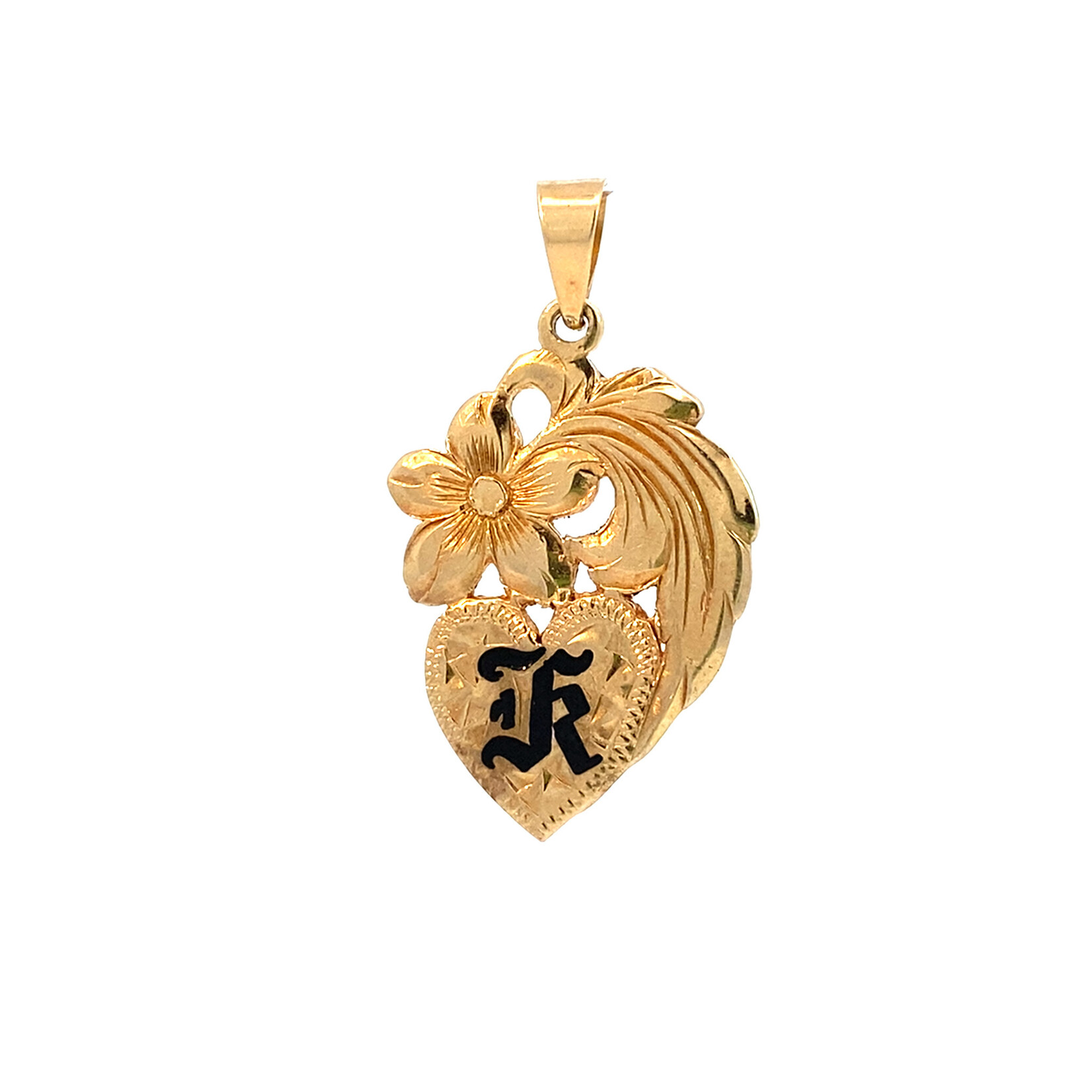 14K Yellow Gold Plumeria Heart Initial "K" 3.83g