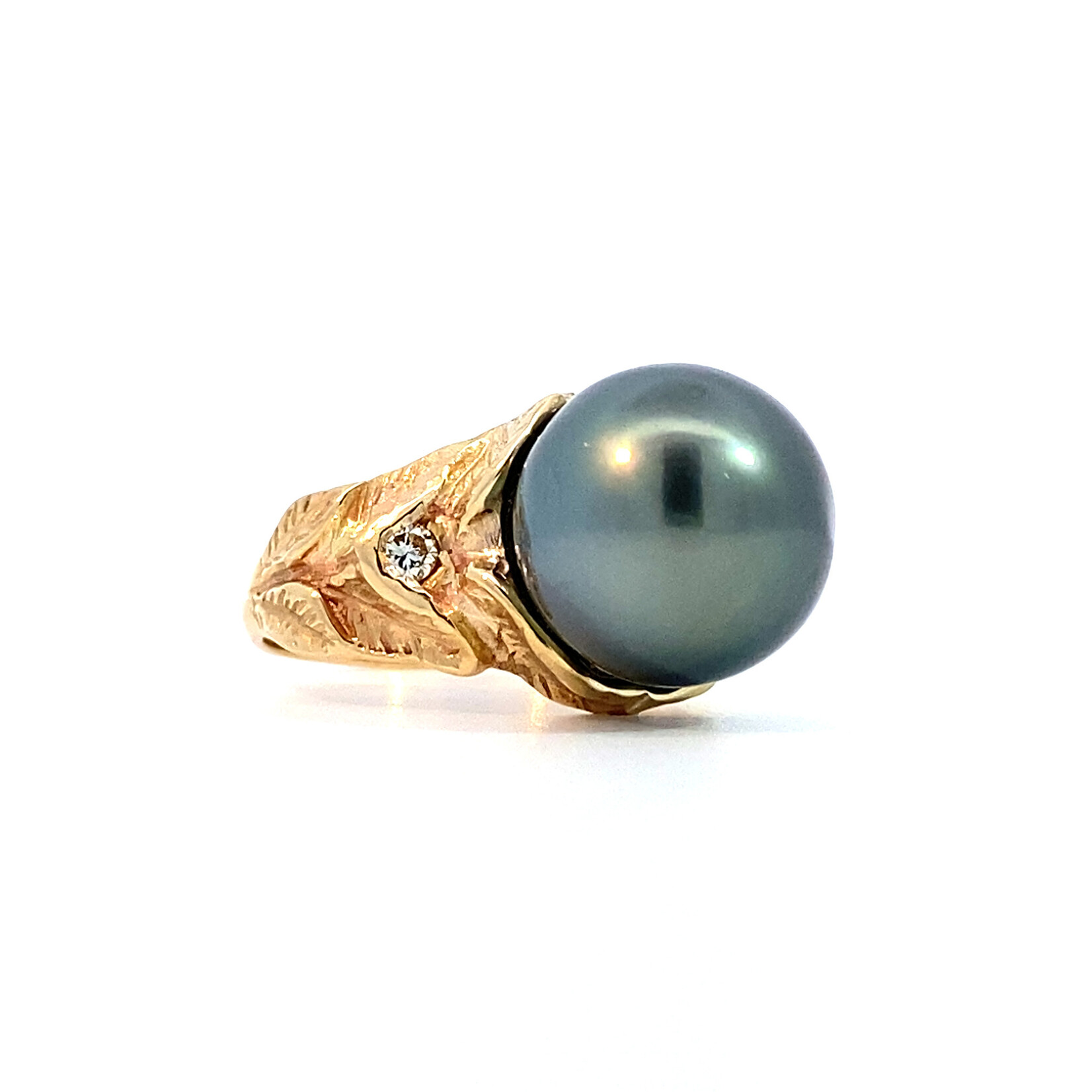 14K Yellow Gold 11mm Tahitian Diamond Ring sz6.25 D+/-.12ctw