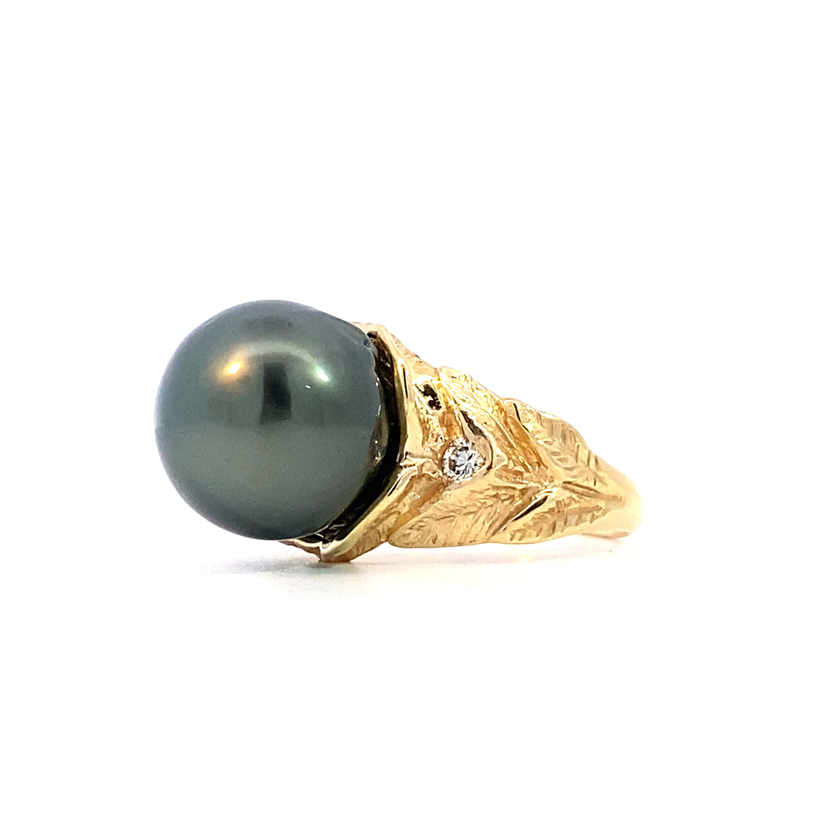 14K Yellow Gold 11mm Tahitian Diamond Ring sz6.25 D+/-.12ctw