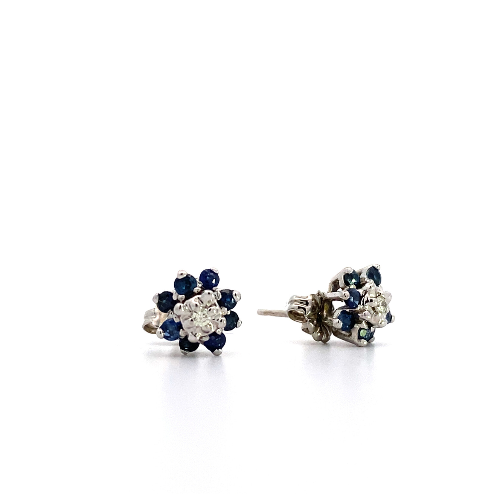 14K White Gold Cluster Sapphire & Diamond Studs