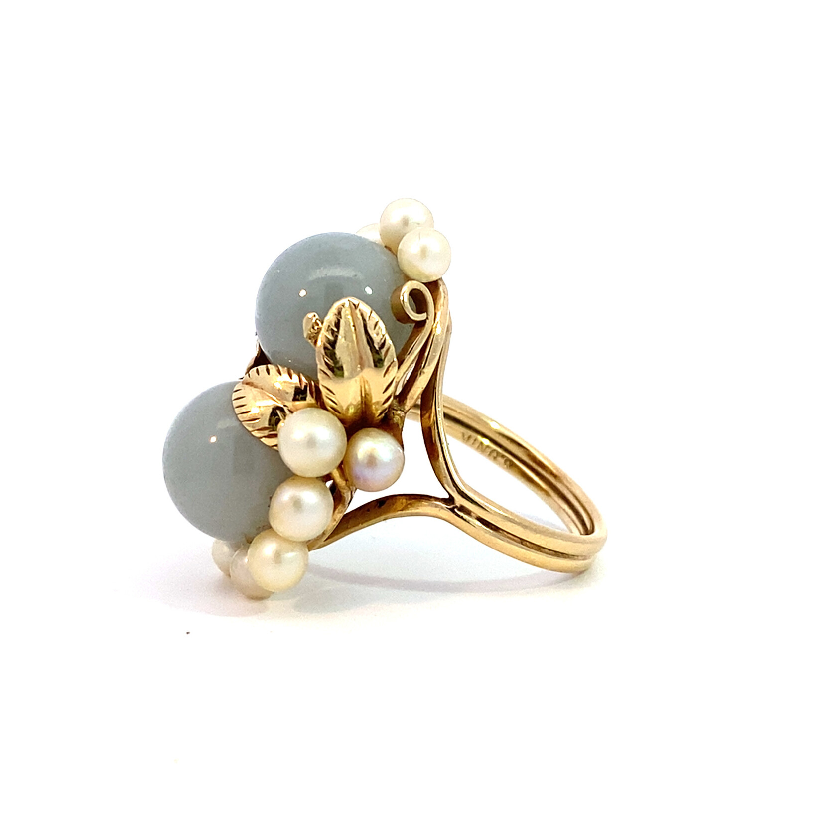 14K Yellow Gold Mings Jade & Pearl Ring size 6