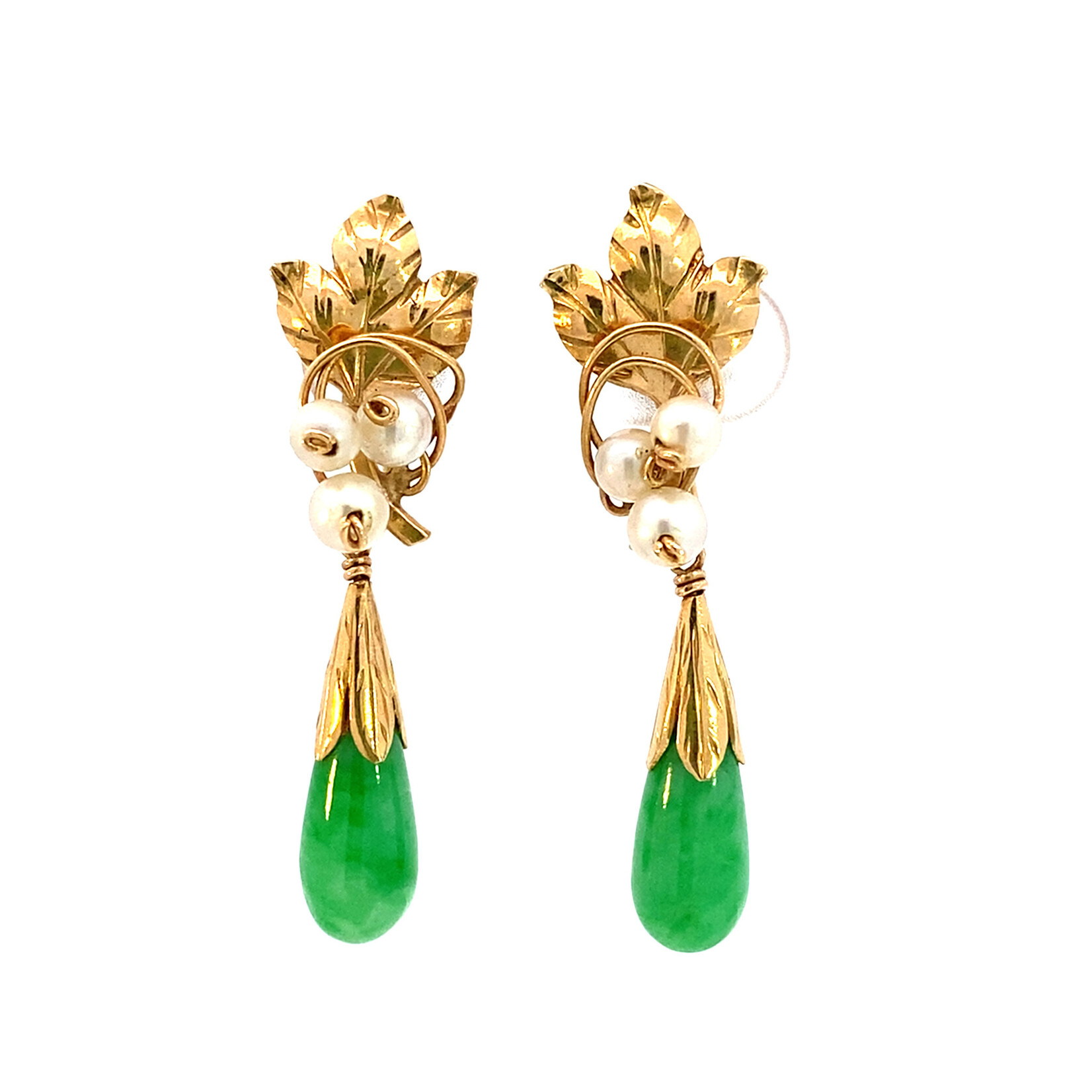 14K Yellow Gold Jade & Pearl Screw Back Earrings