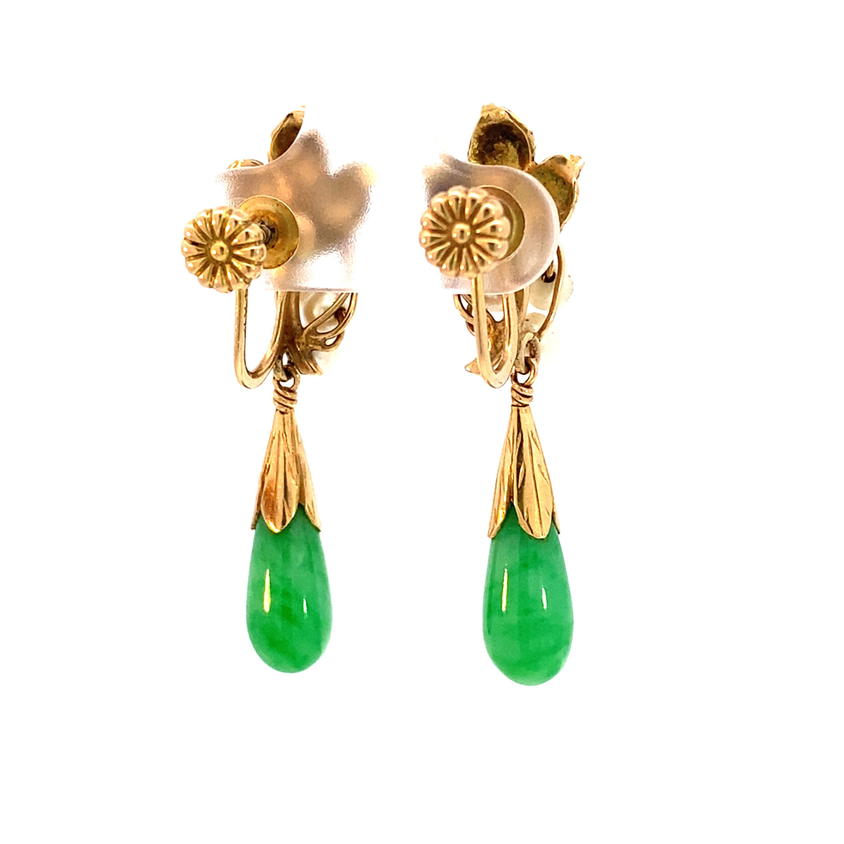 14K Yellow Gold Jade & Pearl Screw Back Earrings