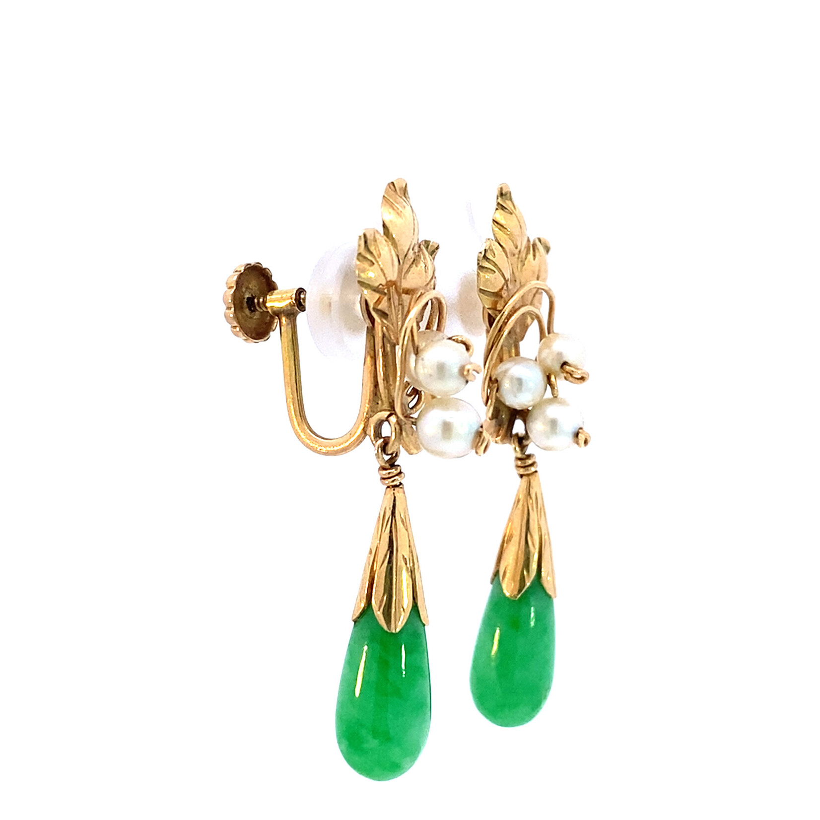 14K Yellow Gold Jade & Pearl Screw Back Earrings
