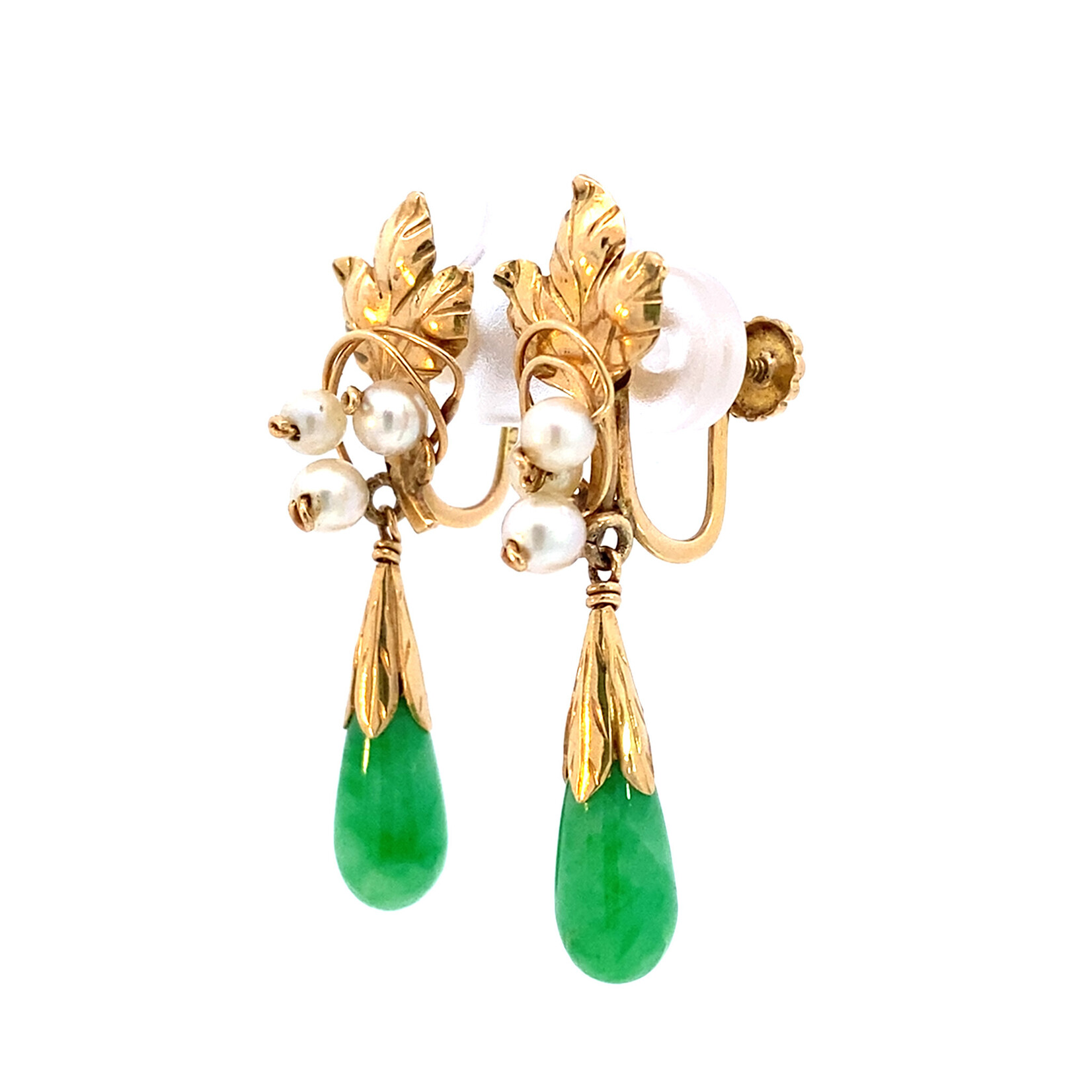 14K Yellow Gold Jade & Pearl Screw Back Earrings