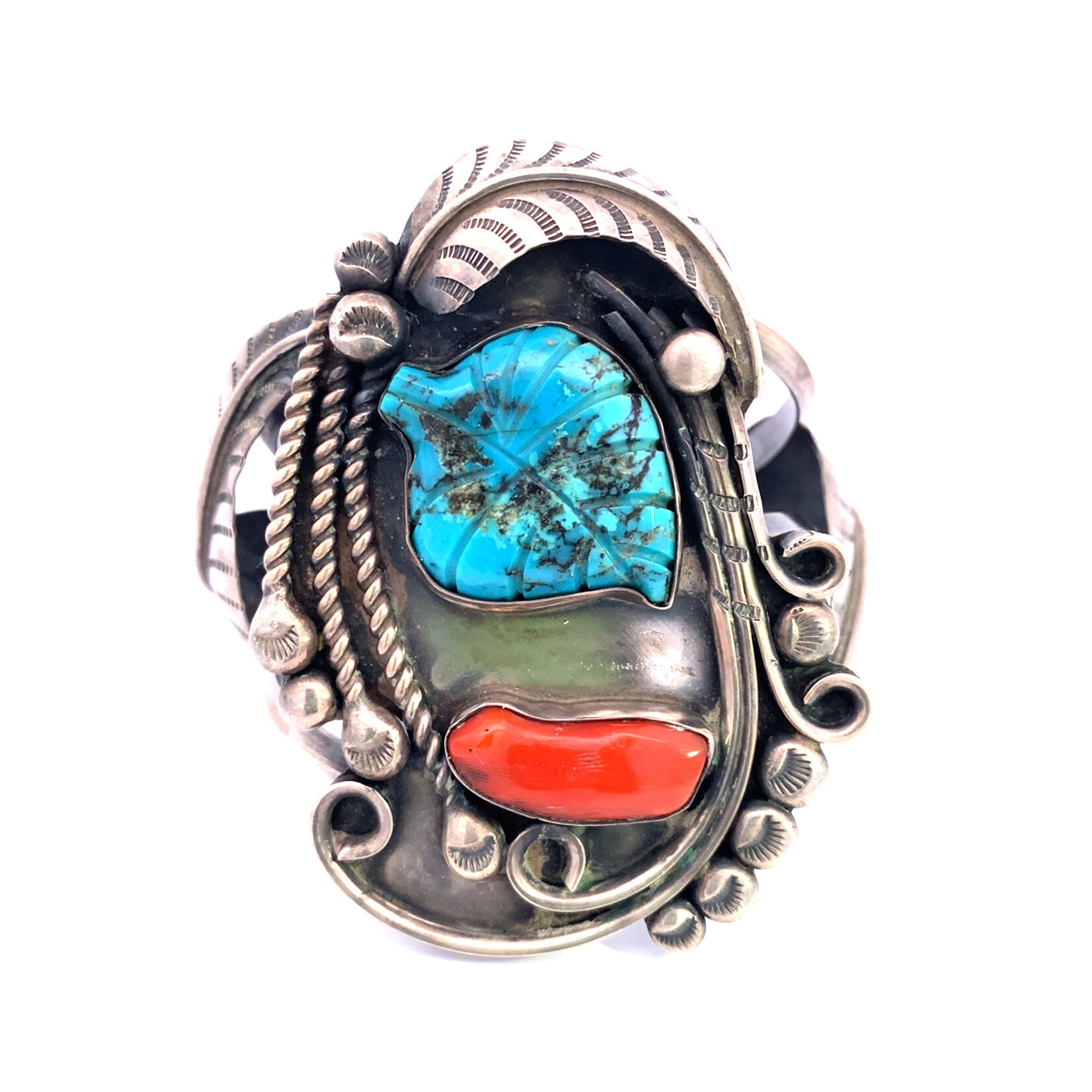 Sterling Silver Navajo Turquoise & Red Coral Cuff