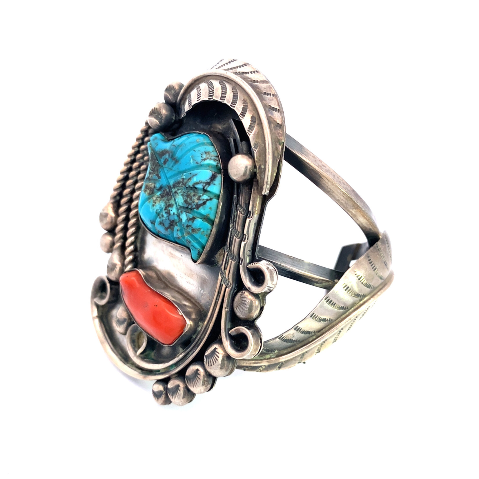 Sterling Silver Navajo Turquoise & Red Coral Cuff