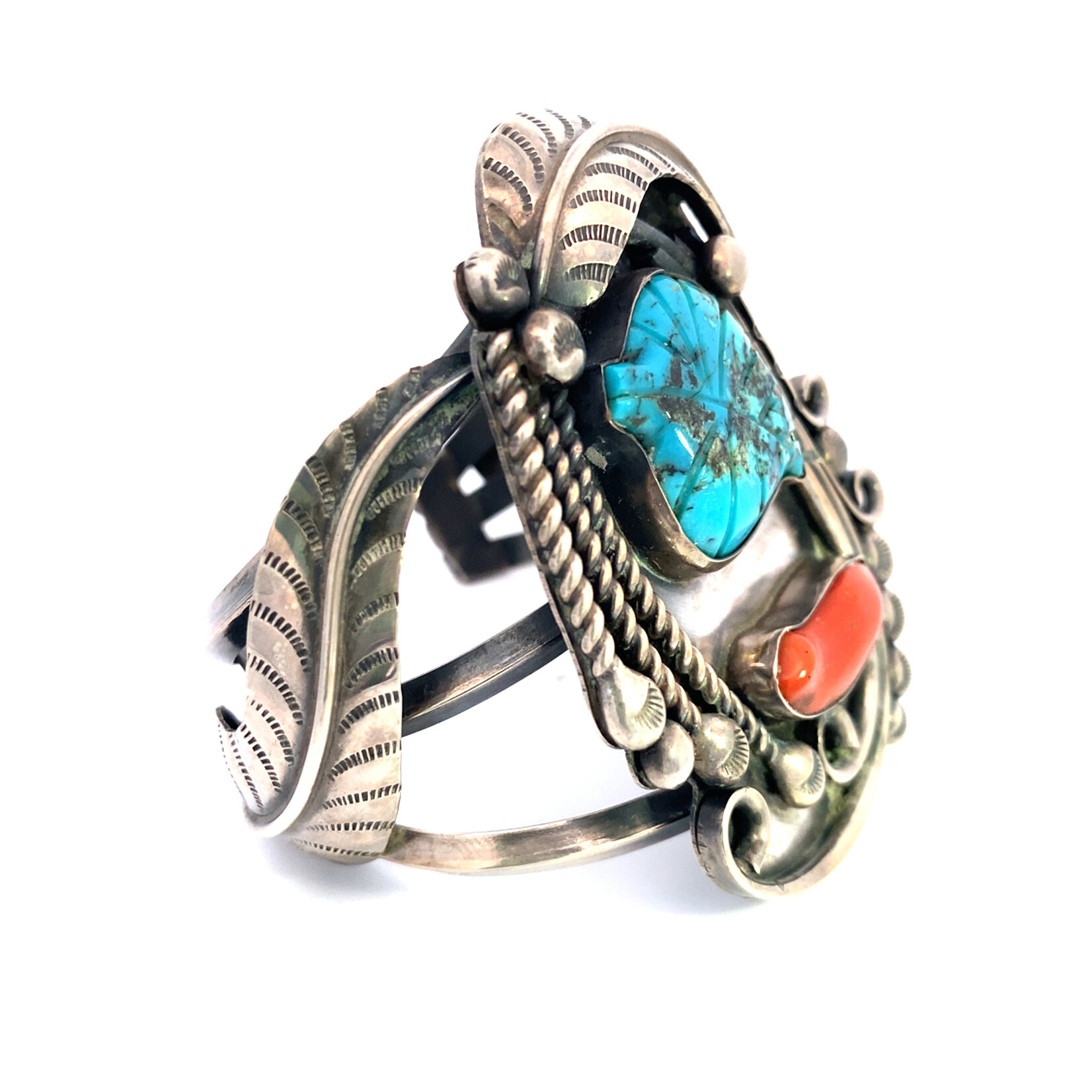 Sterling Silver Navajo Turquoise & Red Coral Cuff