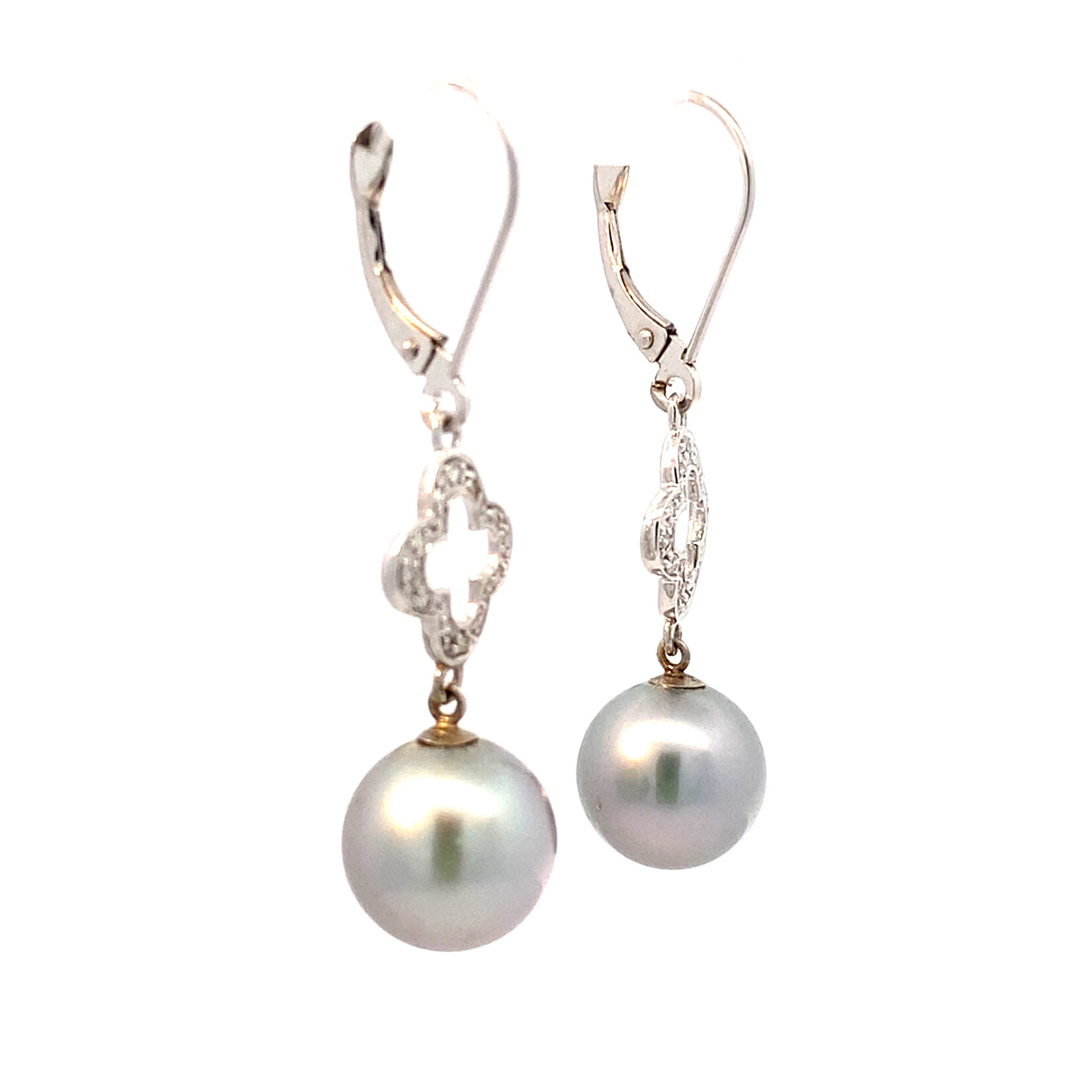 14K White Gold Tahitian Pearl dangles on diamond leaver-backs